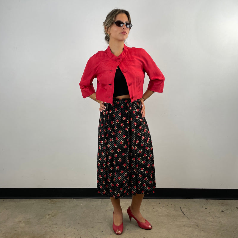 Model's outfit wearing a 1960s Cherry Red Silk Shantung Bolero Blazer size Medium sold at bohemevintage.com