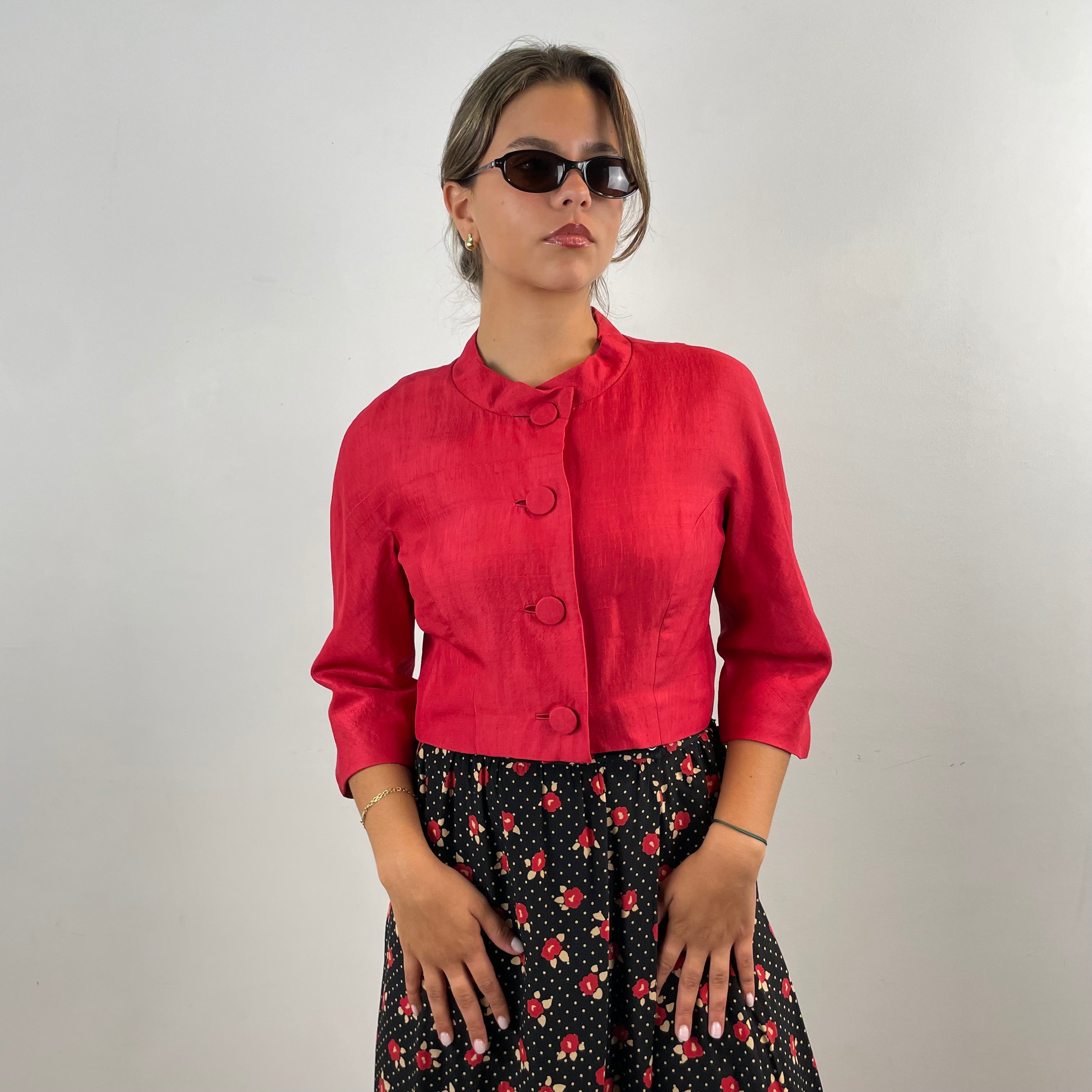 Front view of 1960s Cherry Red Silk Shantung Bolero Blazer size  Medium sold at bohemevintage.com