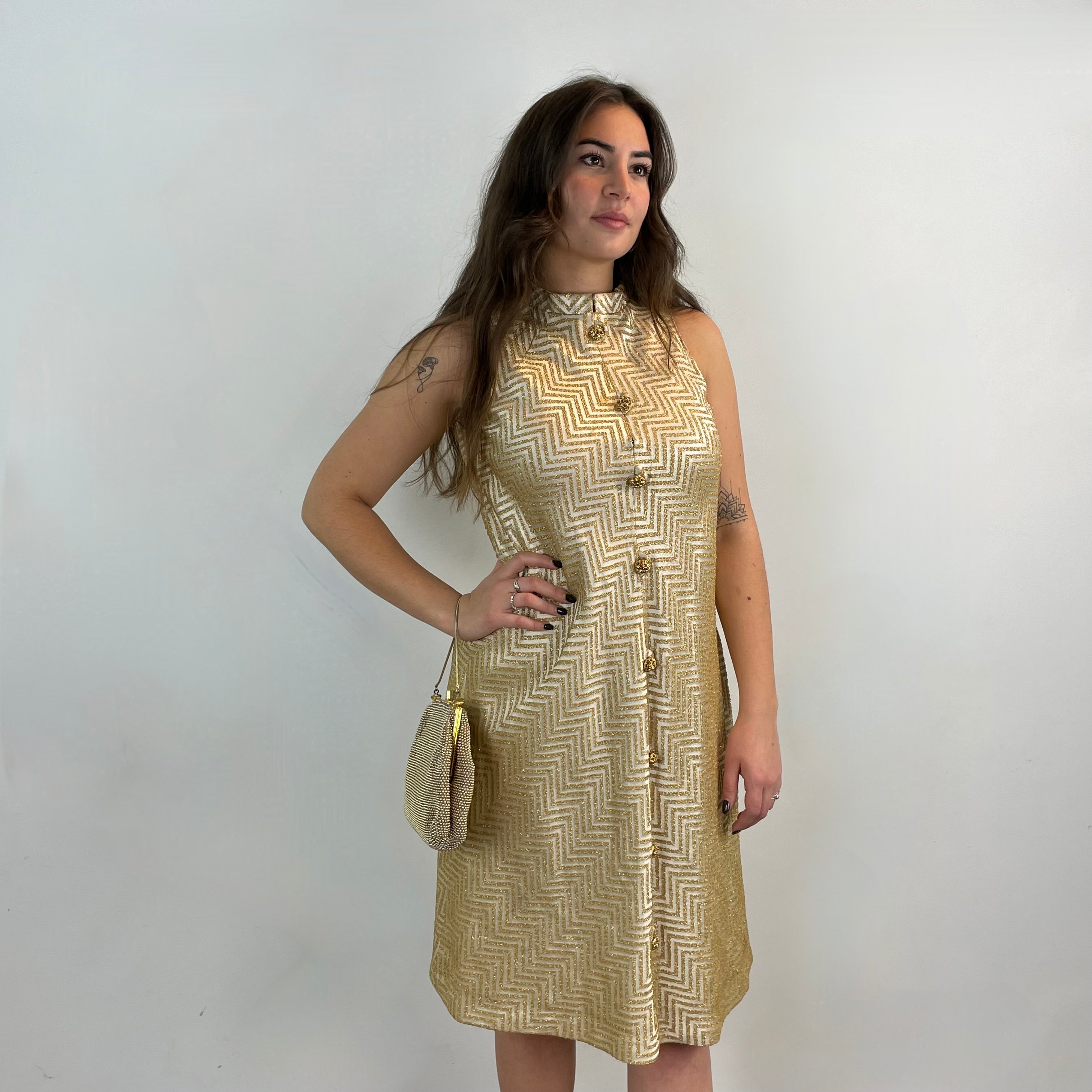 Boheme Vintage – Vintage 1960s Mae YohaIem Gold Lurex Brocade Shift Dress with Nehru Collar and Jewel Buttons