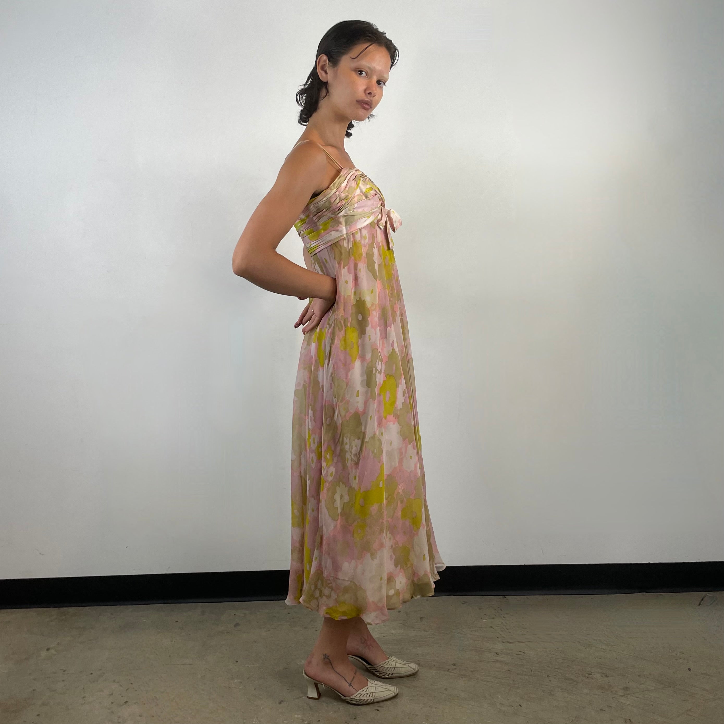 1960s Pastel Colour Silk Chiffon Midi Dress Small