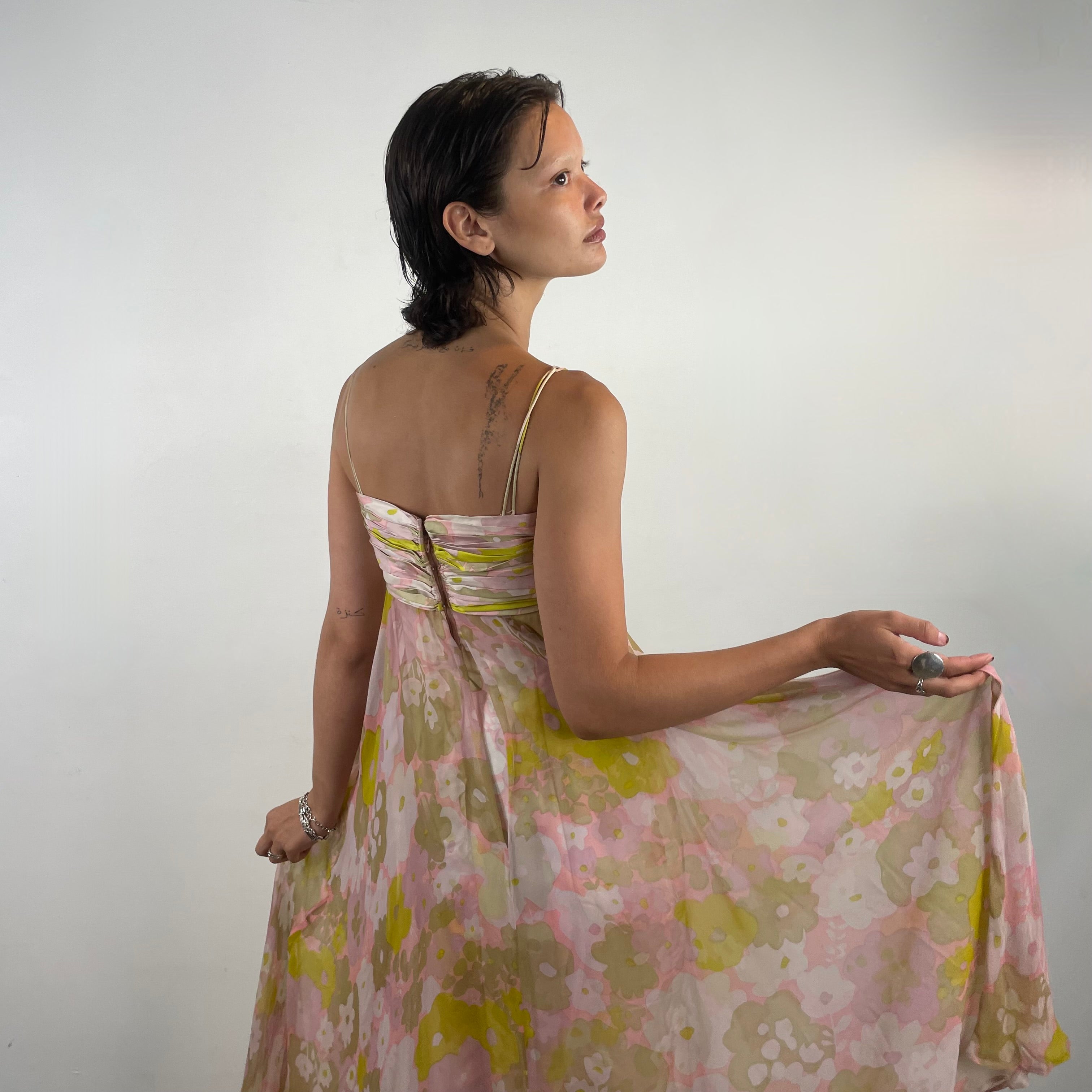 1960s Pastel Colour Silk Chiffon Midi Dress Small