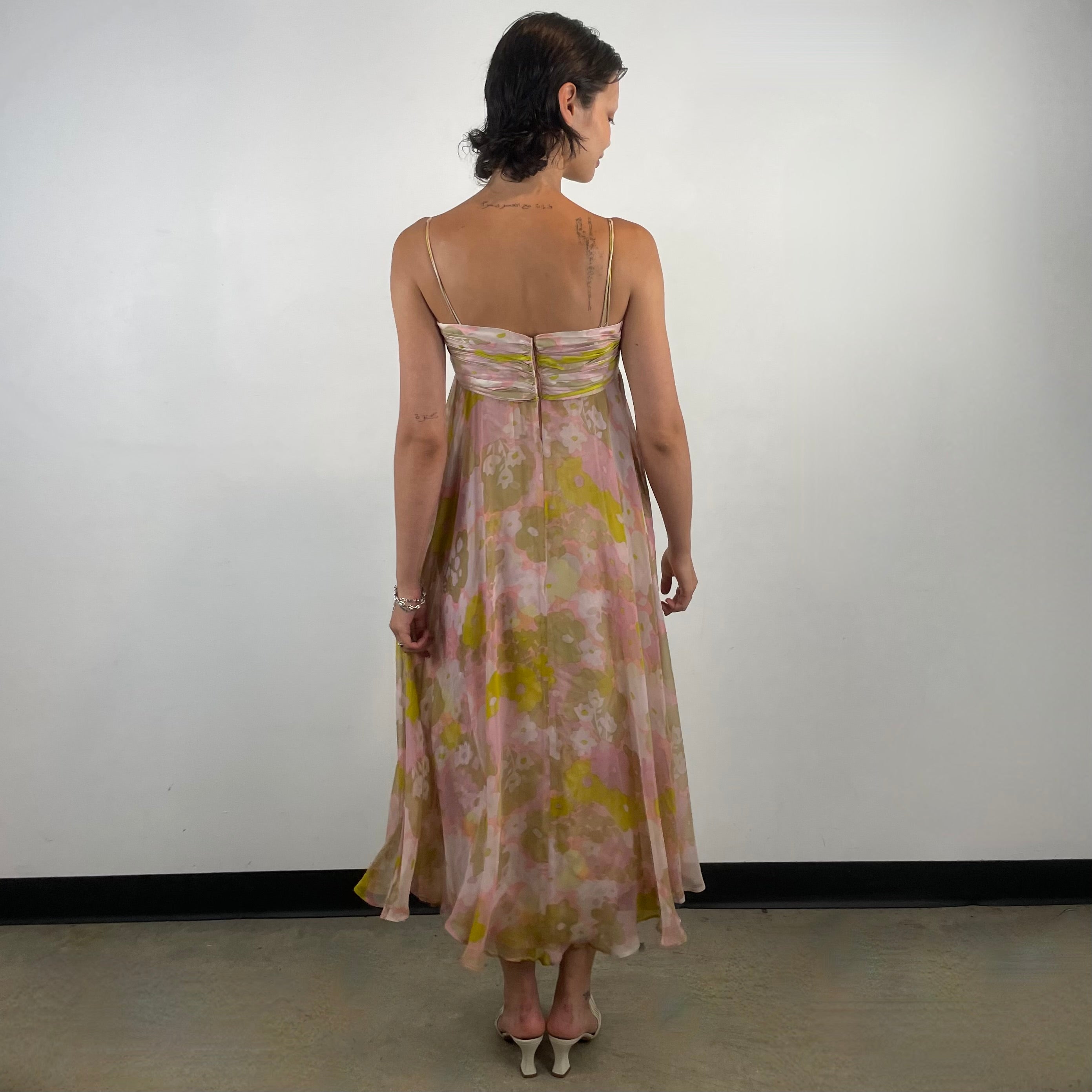 1960s Pastel Colour Silk Chiffon Midi Dress Small