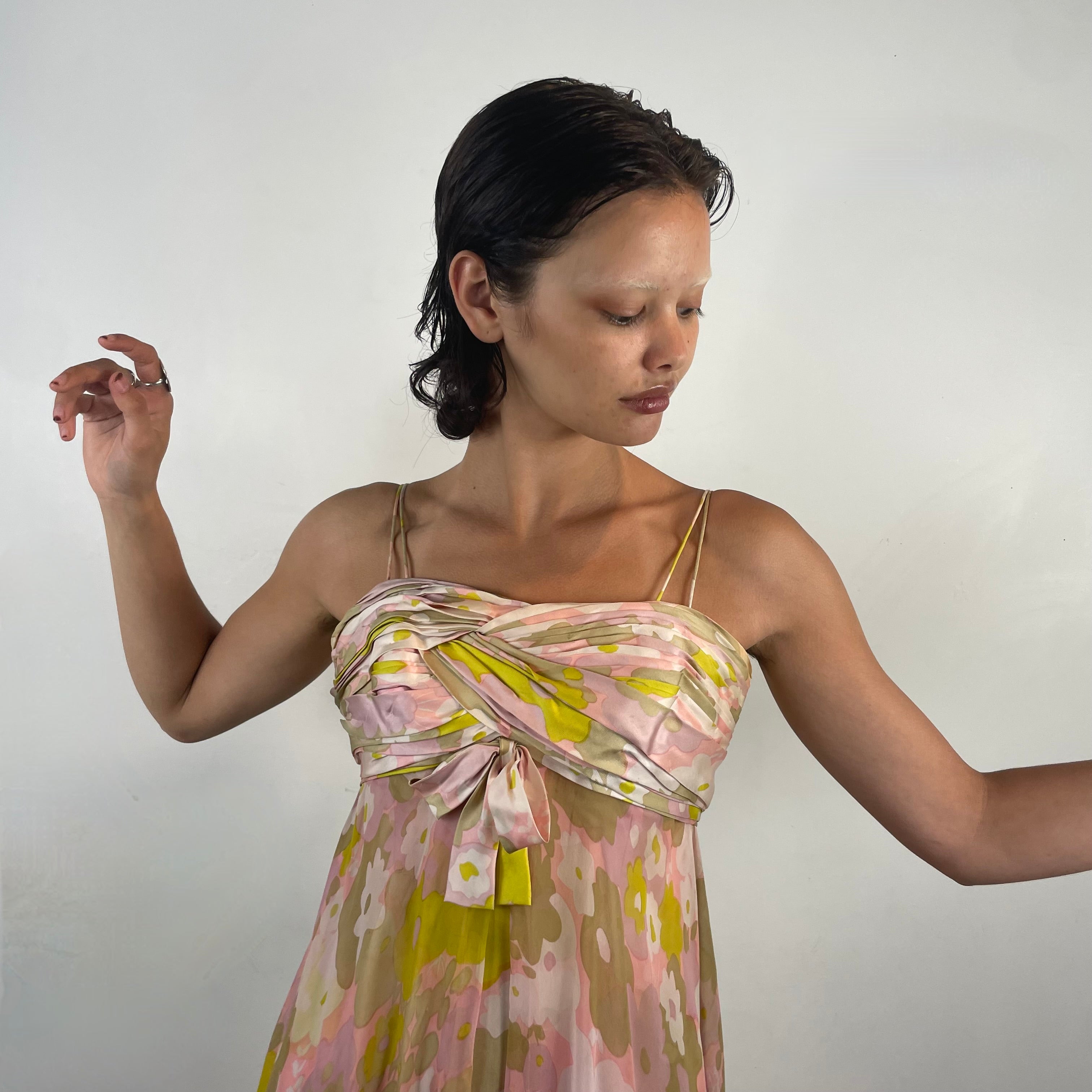 1960s Pastel Colour Silk Chiffon Midi Dress Small