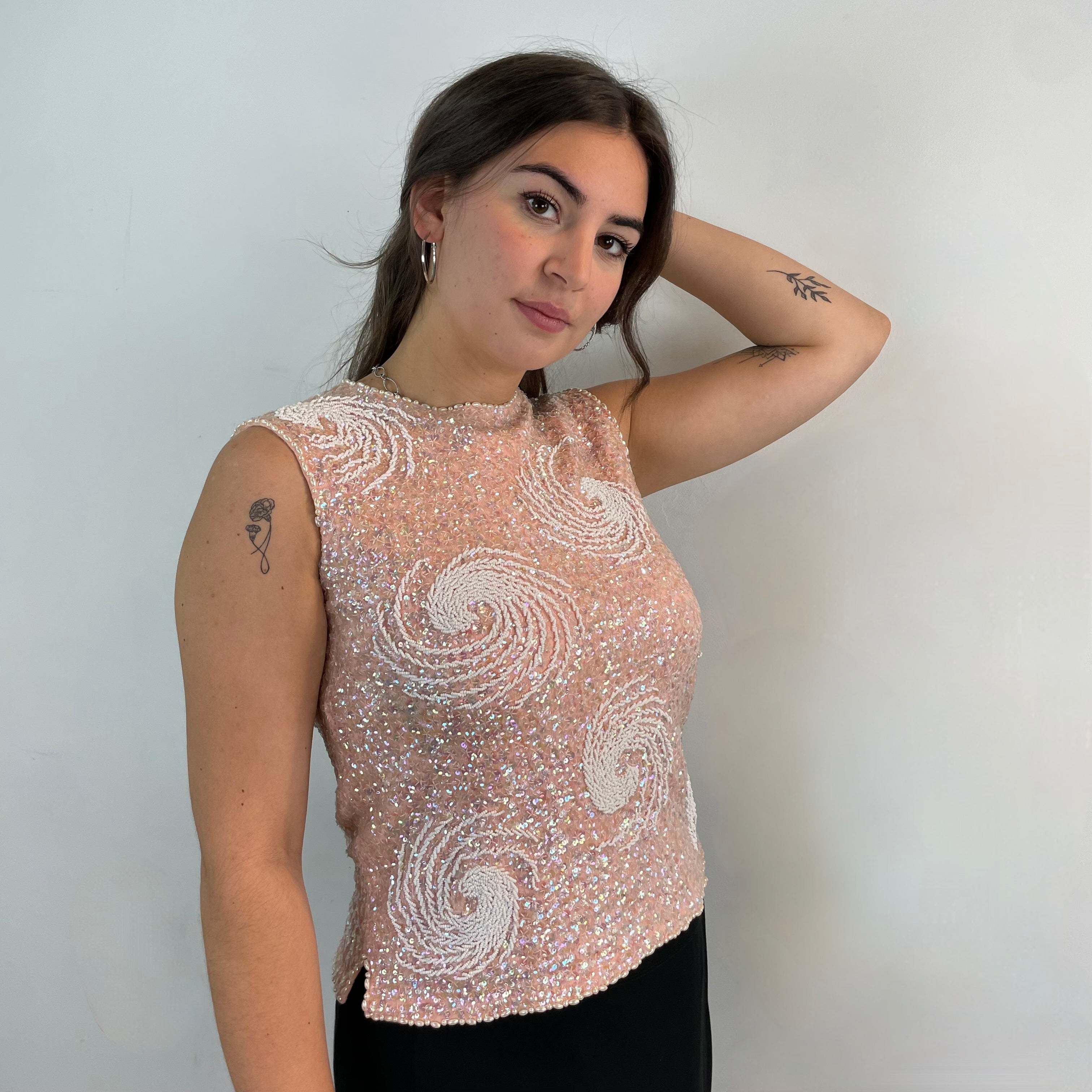 Boheme Vintage – Vintage 1960s Handmade Beaded Wool Jersey Sleeveless Top with Sequin and Pearl Detailing