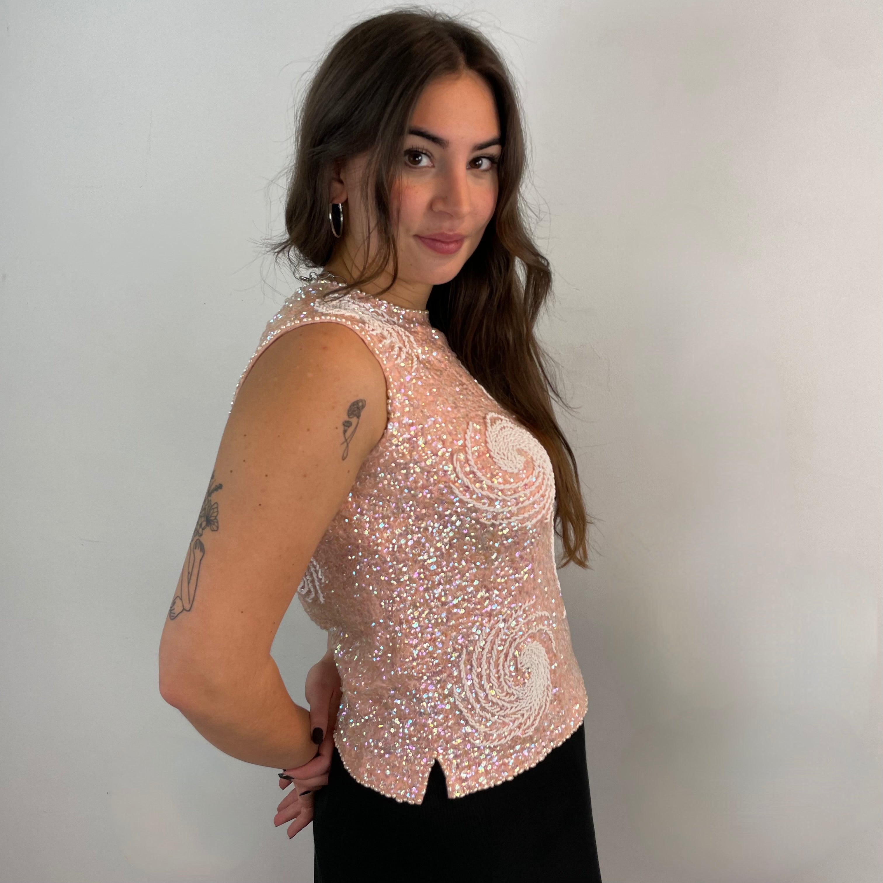 Boheme Vintage – Vintage 1960s Handmade Beaded Wool Jersey Sleeveless Top with Sequin and Pearl Detailing