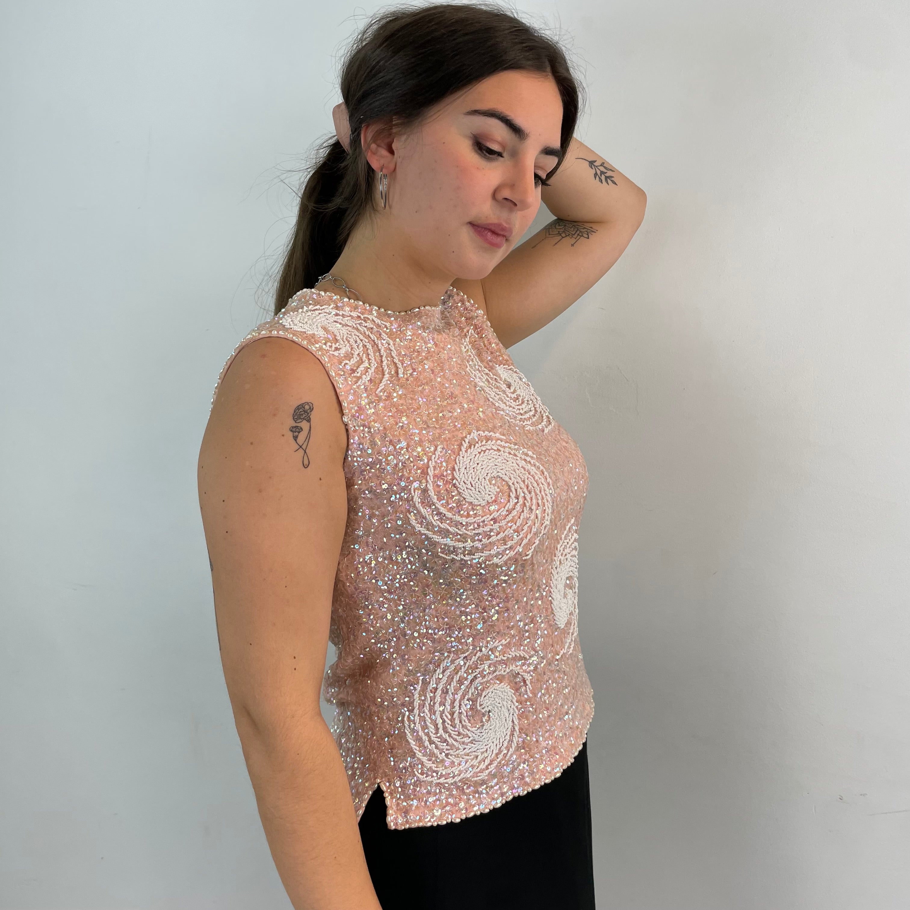 Boheme Vintage – Vintage 1960s Handmade Beaded Wool Jersey Sleeveless Top with Sequin and Pearl Detailing