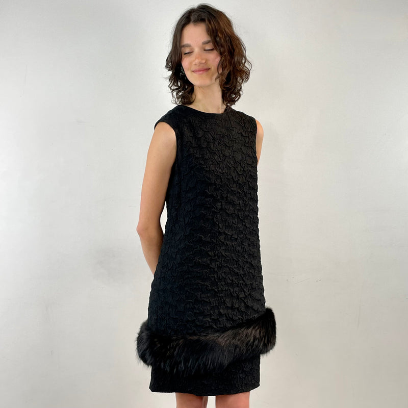Front view of 1960s Sleeveless Black Shift Dress with Fur Trim Size Small sold at bohemevintage.com montreal