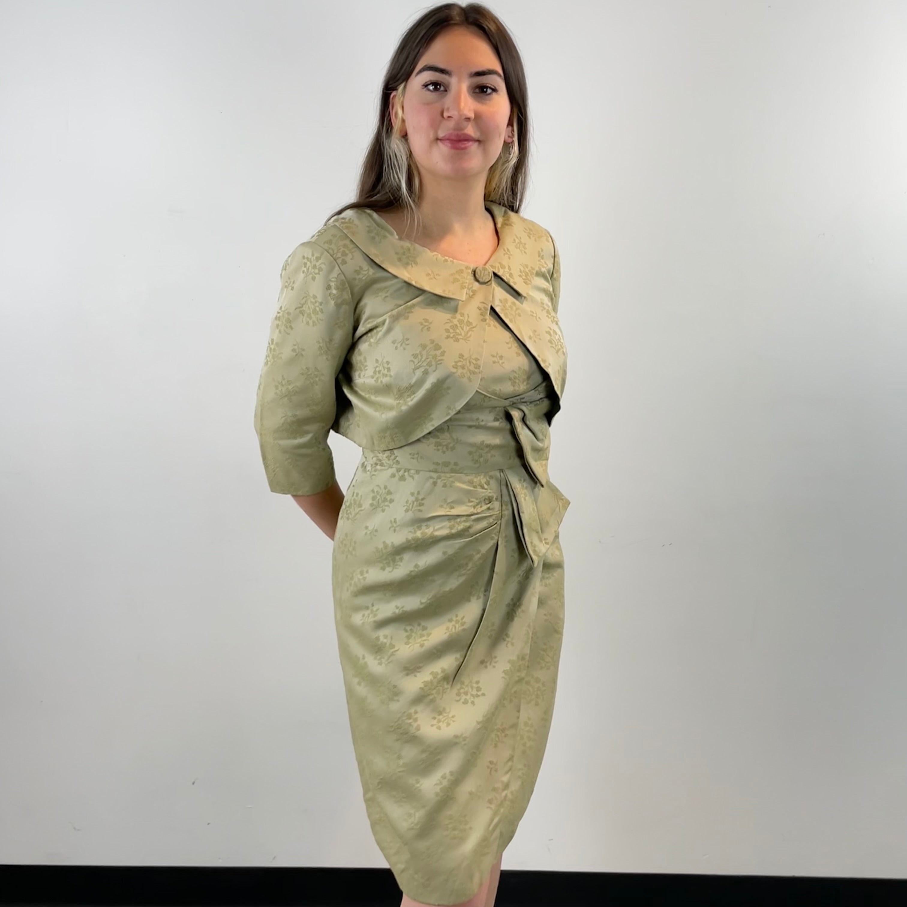 Front View of Boheme Vintage 1960s handmade brocade dress and bolero set with Peter Pan collar and pleated detailing.