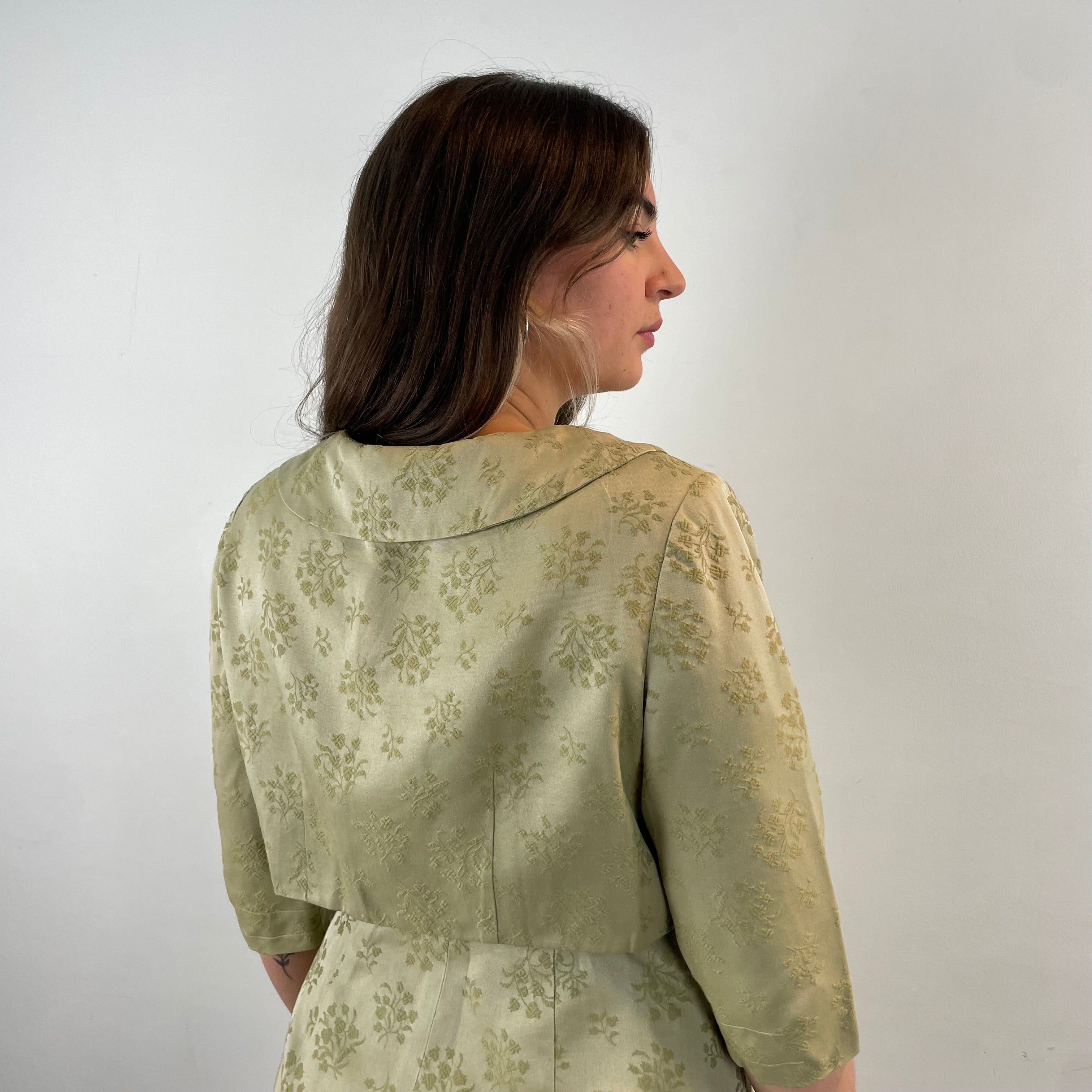 Back View of Boheme Vintage 1960s handmade brocade dress and bolero set with Peter Pan collar and pleated detailing.