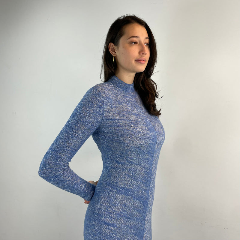 Vintage 1970s Blue Shiny Knitted Long-Sleeved Maxi Dress Small-Medium - Boheme Vintage, Montreal