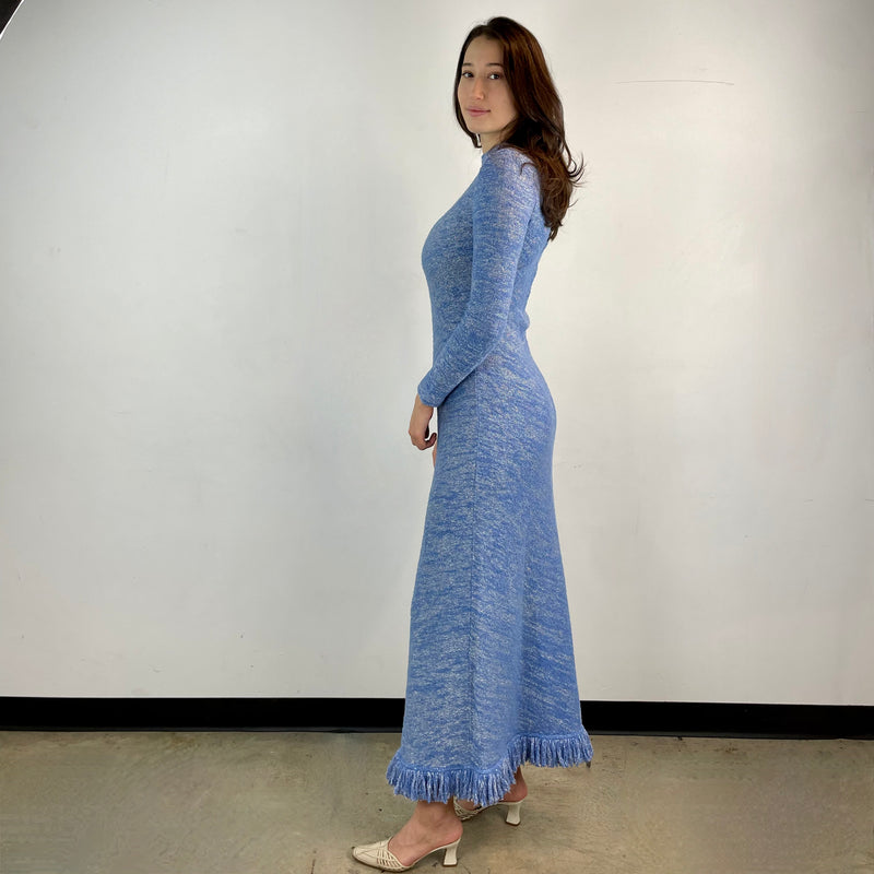 Vintage 1970s Blue Shiny Knitted Long-Sleeved Maxi Dress Small-Medium - Boheme Vintage, Montreal