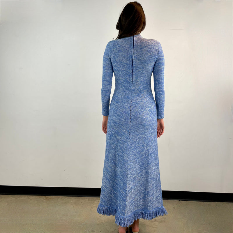 Vintage 1970s Blue Shiny Knitted Long-Sleeved Maxi Dress Small-Medium - Boheme Vintage, Montreal