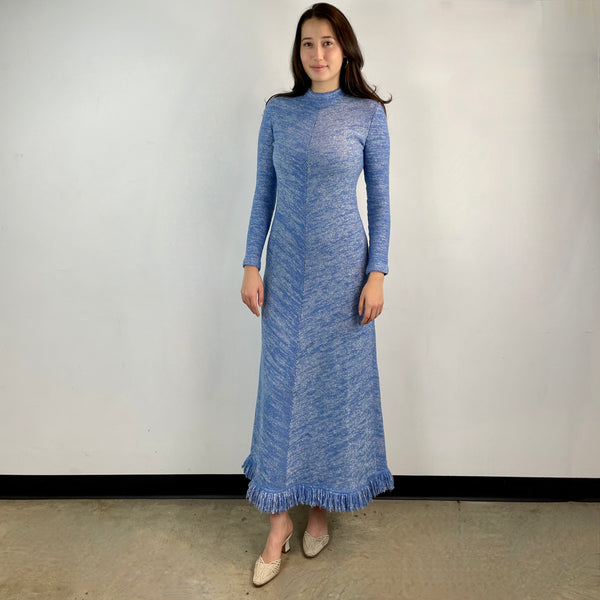 Vintage 1970s Blue Shiny Knitted Long-Sleeved Maxi Dress Small-Medium - Boheme Vintage, Montreal