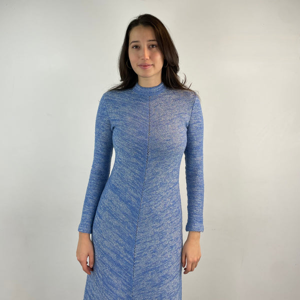 Vintage 1970s Blue Shiny Knitted Long-Sleeved Maxi Dress Small-Medium - Boheme Vintage, Montreal