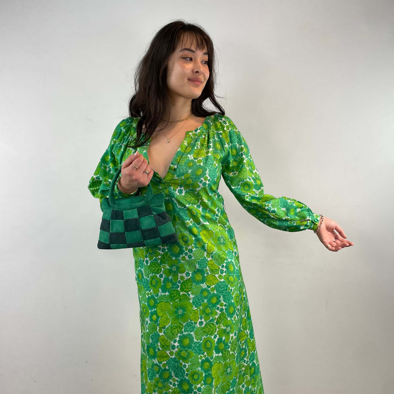 1970s Bold Print Long-Sleeved Silk Maxi Dress Size Medium sold at bohemevintage.com Montreal