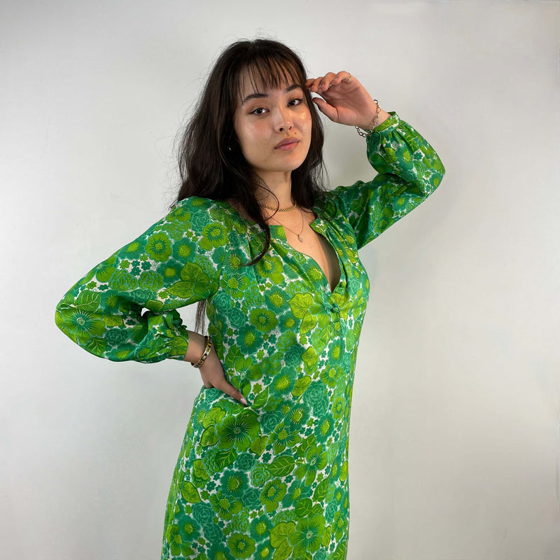 1970s Bold Print Long-Sleeved Silk Maxi Dress Size Medium sold at bohemevintage.com Montreal