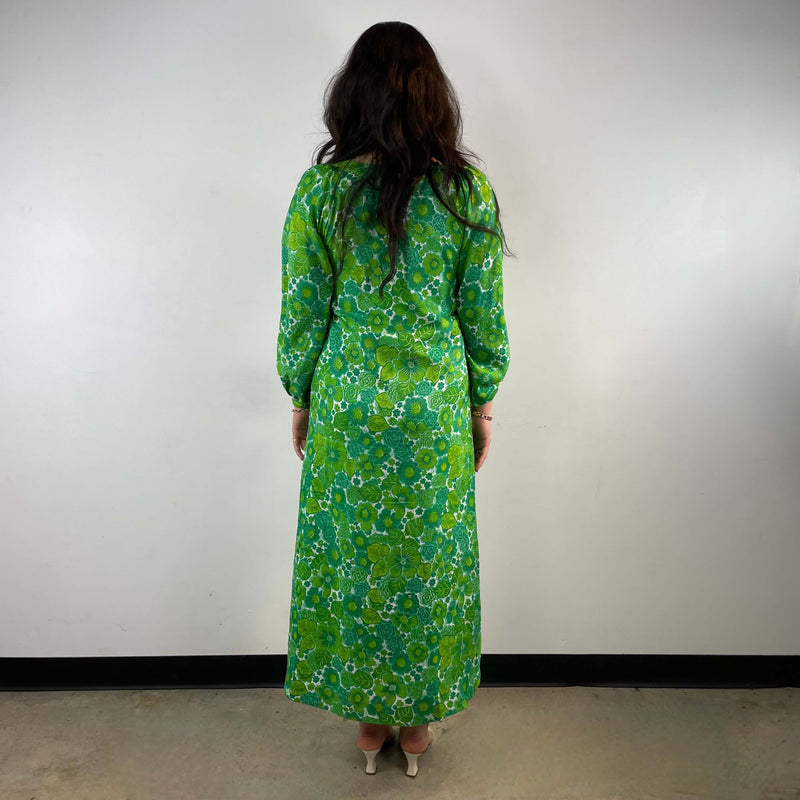 Back view of 1970s Bold Print Long-Sleeved Silk Maxi Dress Size Medium sold at bohemevintage.com Montreal