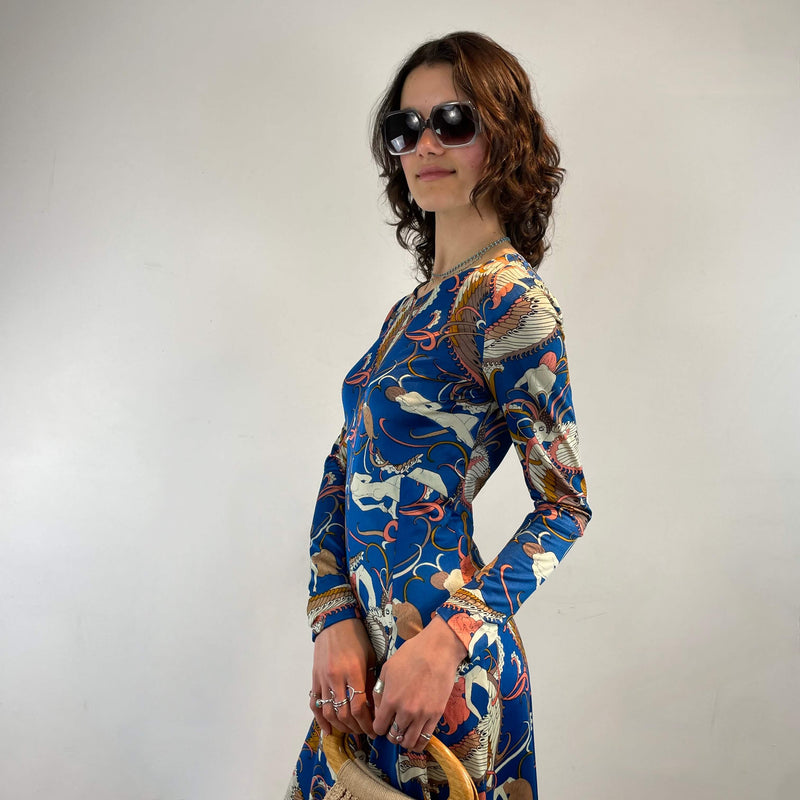 Vintage 1970s Blue Cosmic Patterned Long Sleeve Empire Waist Maxi Dress Small - Boheme Vintage Montreal