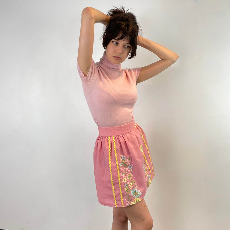 Front View of 1970s Pink Hand-Embroidered Mini-Skirt size Extra-Small sold at bohemevintage.com Montreal