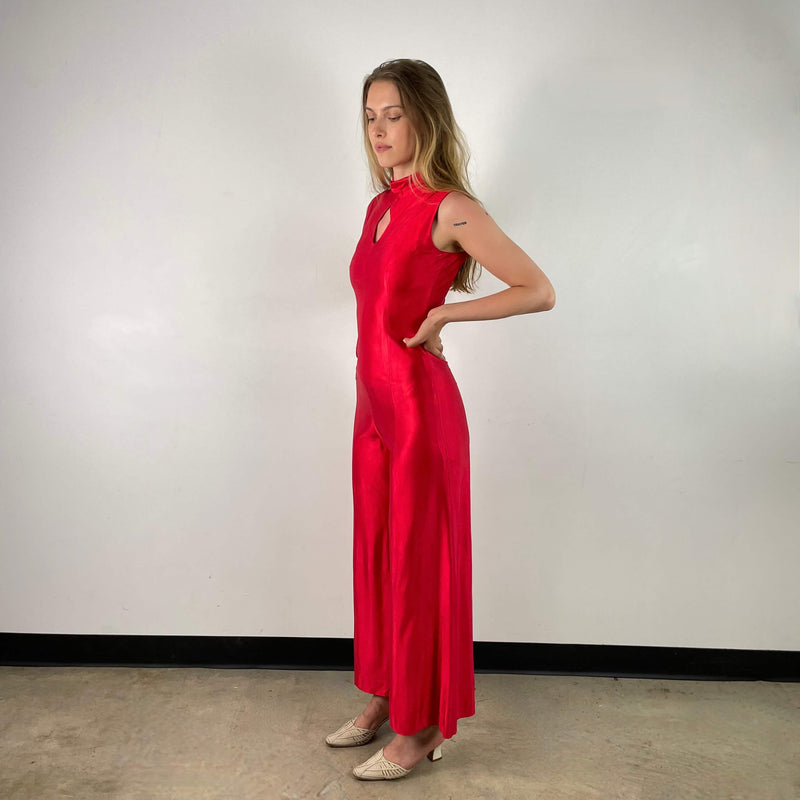 Front and Side view of 1970s Red Wide Leg Jumpsuit size Small sold at bohemevintage.com Montreal