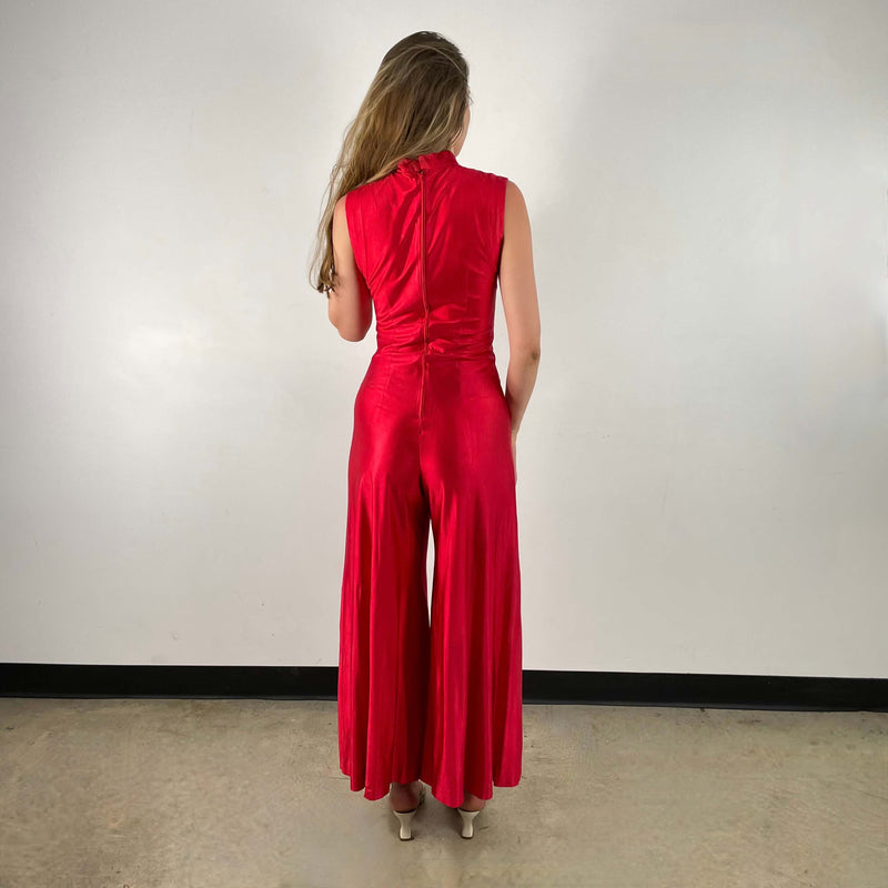 Back view of 1970s Red Wide Leg Jumpsuit size Small sold at bohemevintage.com Montreal