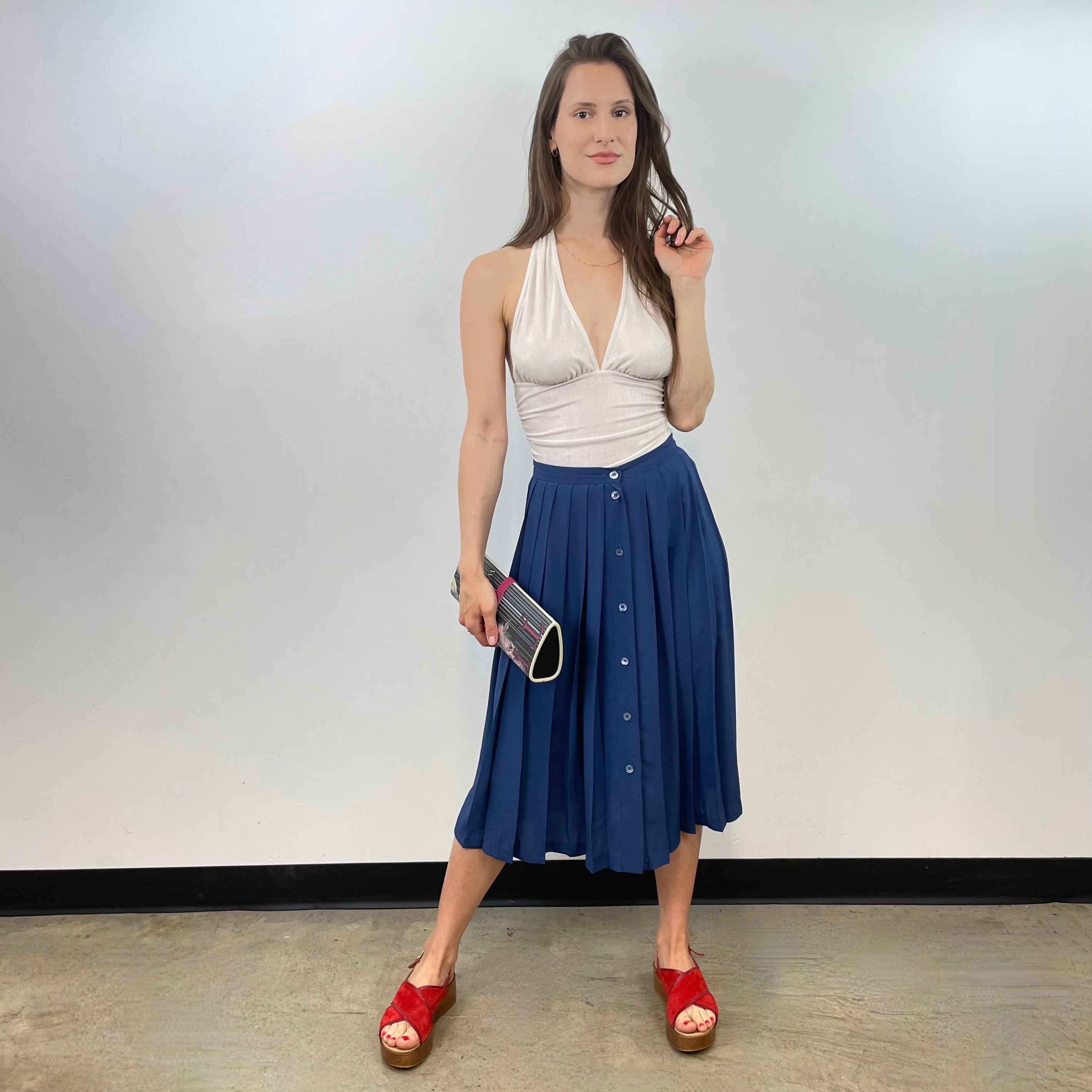 Boheme Vintage – Vintage 1970s Rodier Paris Pleated Polyester Skirt Made in France with Button Details