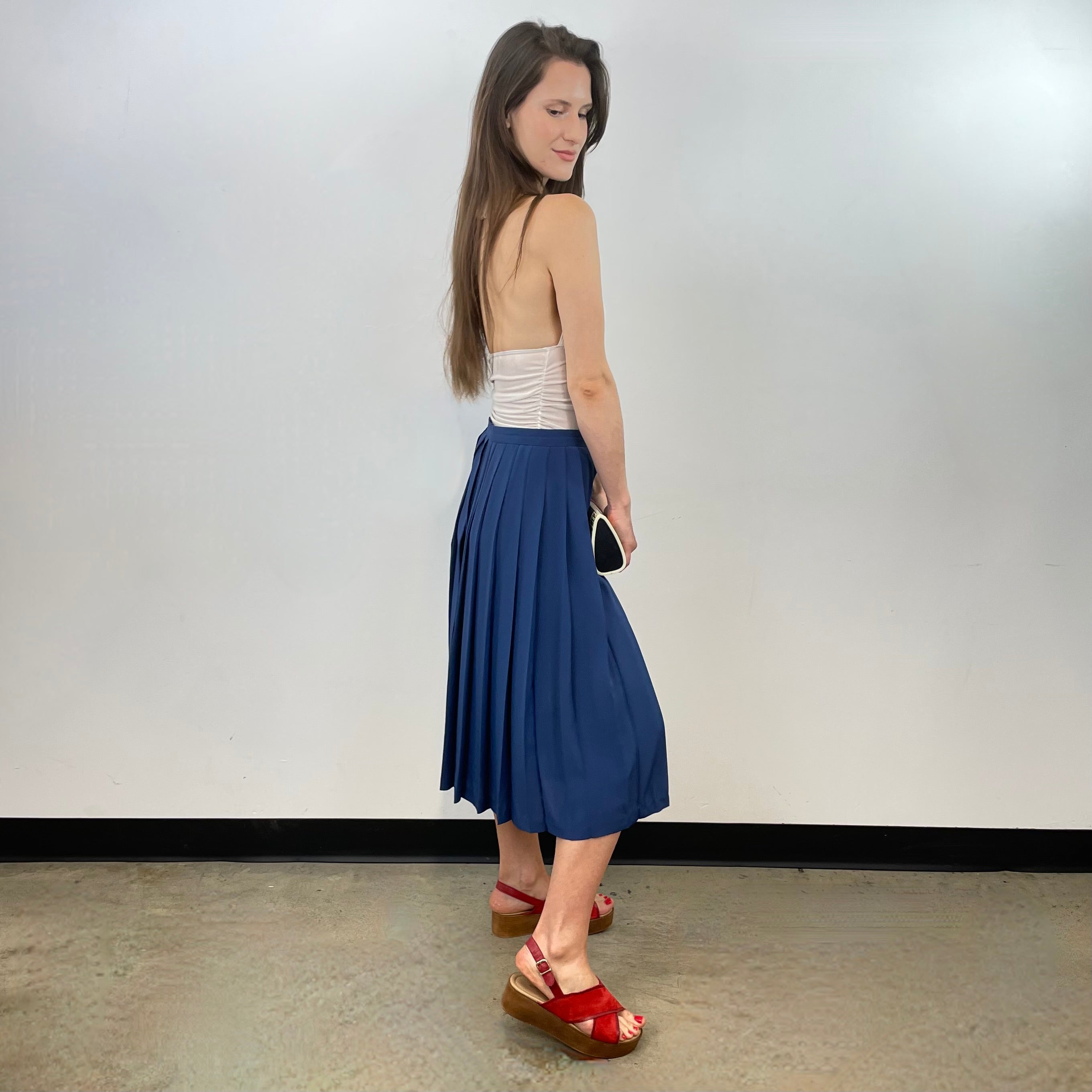 Boheme Vintage – Vintage 1970s Rodier Paris Pleated Polyester Skirt Made in France with Button Details