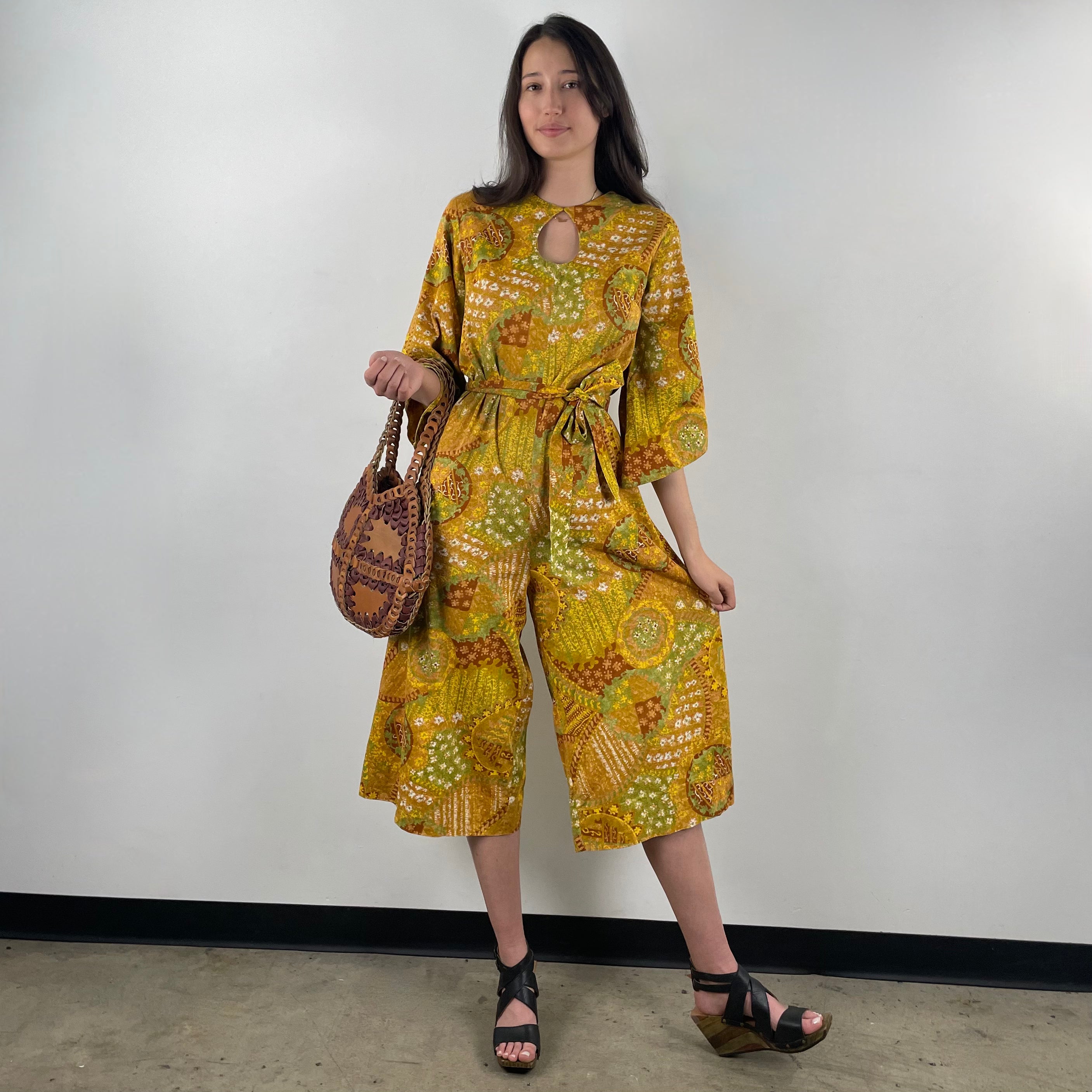 Front view of 1970s Bold Print Cropped Jumpsuit 
One Size
Sold at bohemevintage.com, Montréal