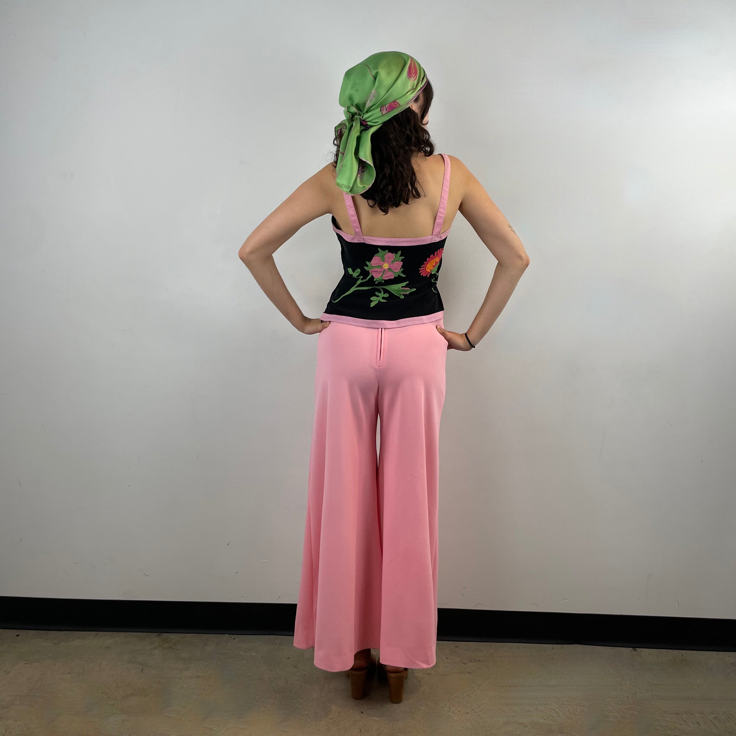 1970s handmade pink high-waisted wide leg jersey pants. Comfortable, flattering, and perfect for festivals, parties, and standout vintage style.