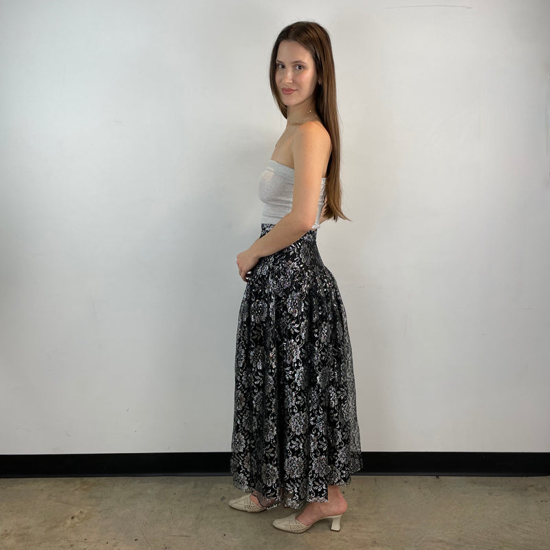 Side View of 1980s-1990s Silver Lace Yoke Maxi Skirt Size XS/Small sold at bohemevintage.com Montreal