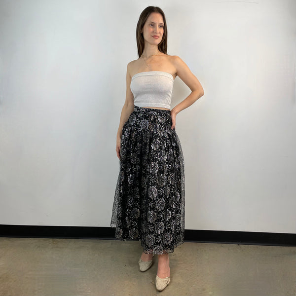 Front View of 1980s-1990s Silver Lace Yoke Maxi Skirt Size XS/Small sold at bohemevintage.com Montreal