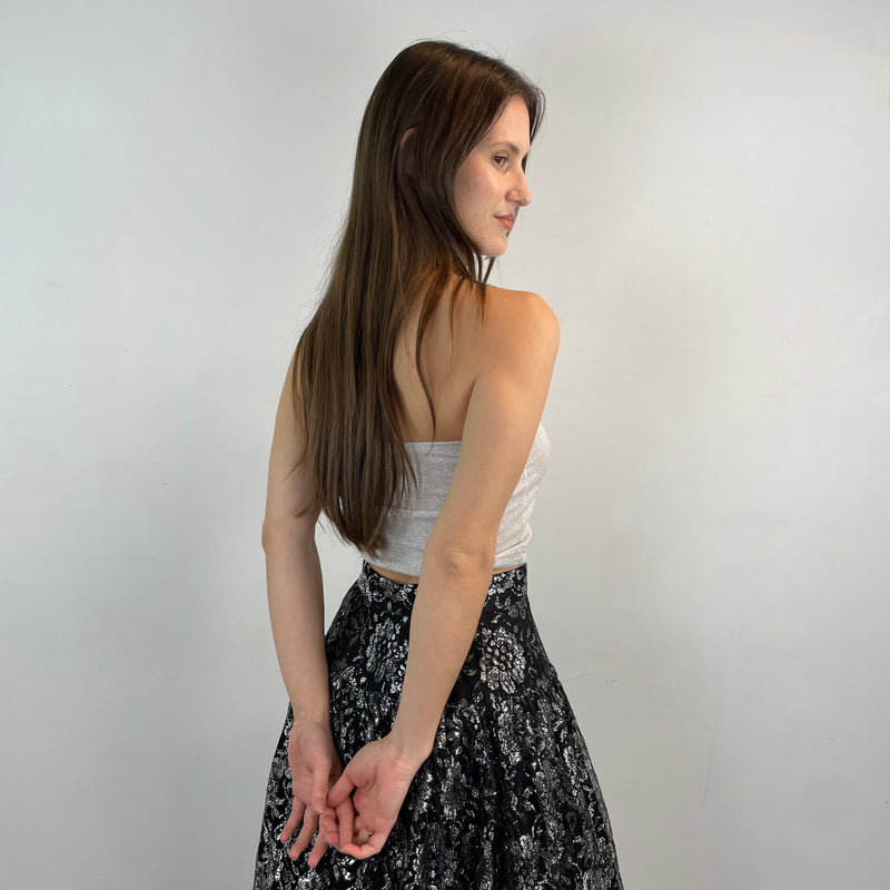 Side View of 1980s-1990s Silver Lace Yoke Maxi Skirt Size XS/Small sold at bohemevintage.com Montreal