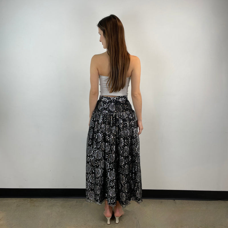 Back View of 1980s-1990s Silver Lace Yoke Maxi Skirt Size XS/Small sold at bohemevintage.com Montreal