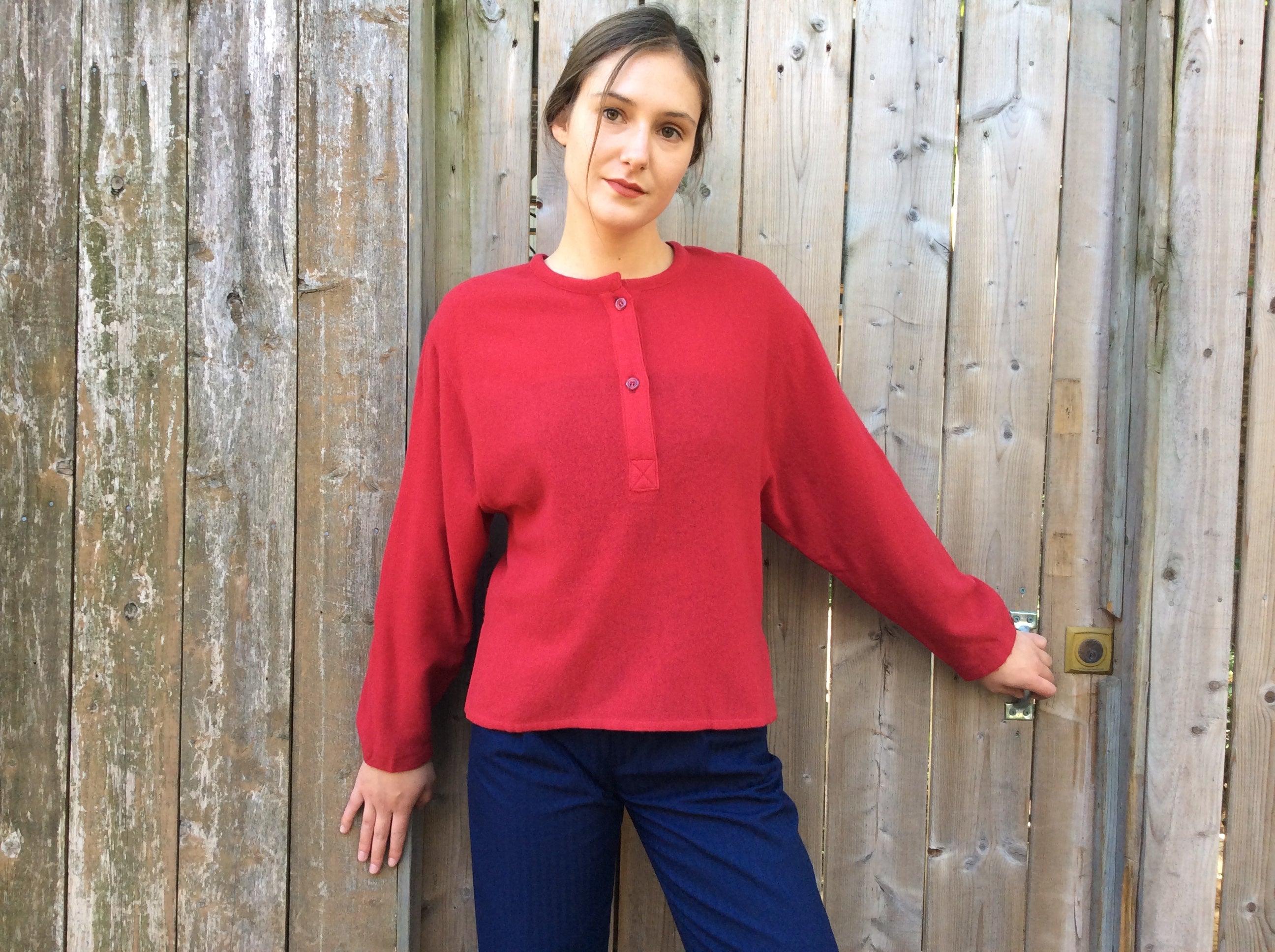 Boheme Vintage 1990s Audrey Laurent Montréal lightweight wool angora crew neck sweater with relaxed square silhouette and button placket.