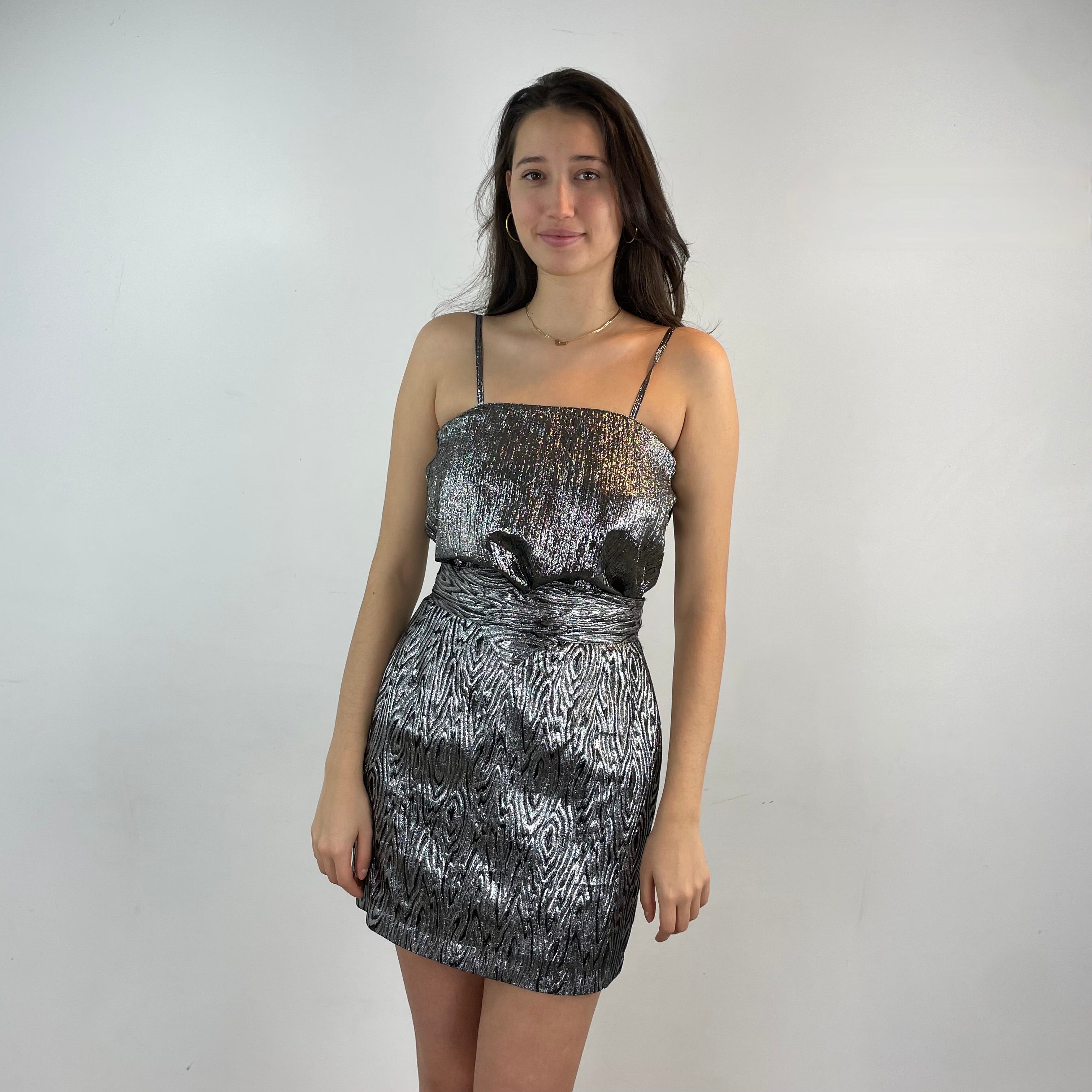 Vintage 1980s High Waisted Silver Brocade Mini Skirt Small-Medium - Boheme Vintage, Montreal
