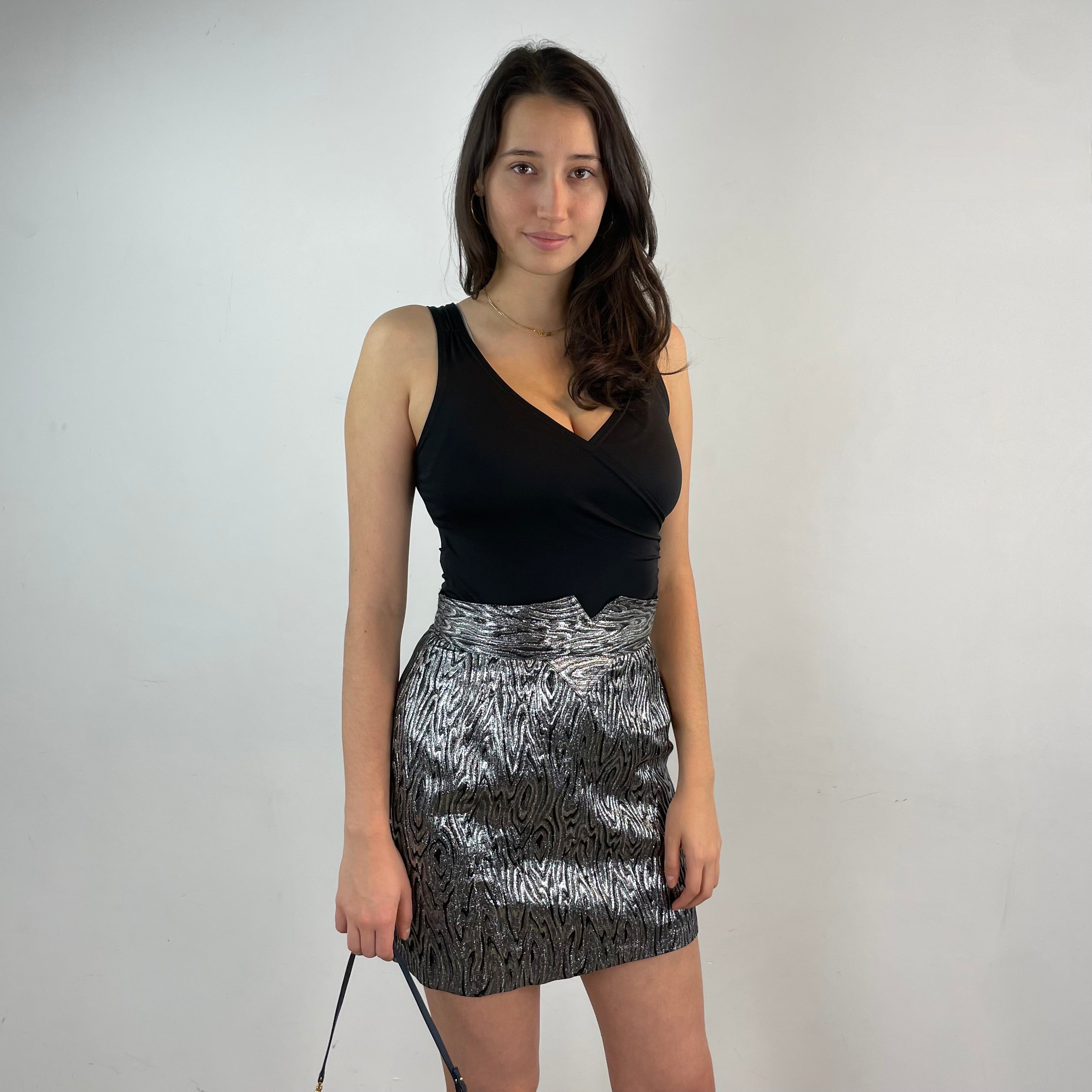 Vintage 1980s High Waisted Silver Brocade Mini Skirt Small-Medium - Boheme Vintage, Montreal