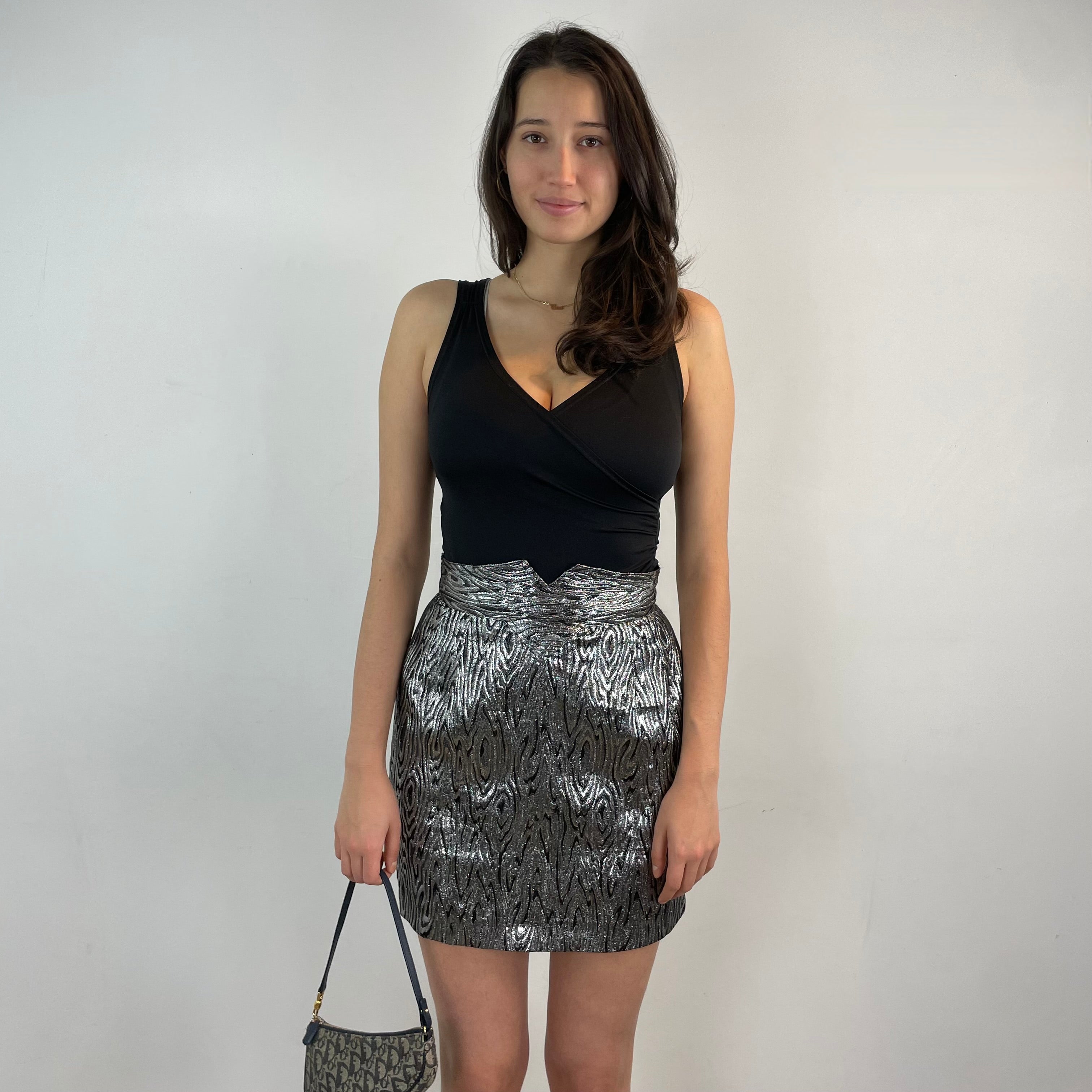 Vintage 1980s High Waisted Silver Brocade Mini Skirt Small-Medium - Boheme Vintage, Montreal