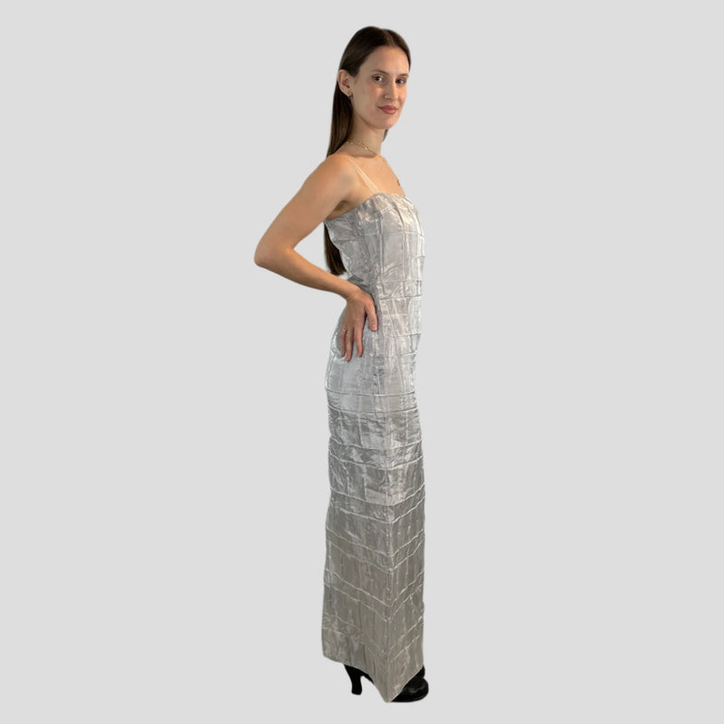 Side view of 1990s- 2000s Silver Sleeveless Maxi Sheath Dress Small sold on bohemevintage.com Montreal