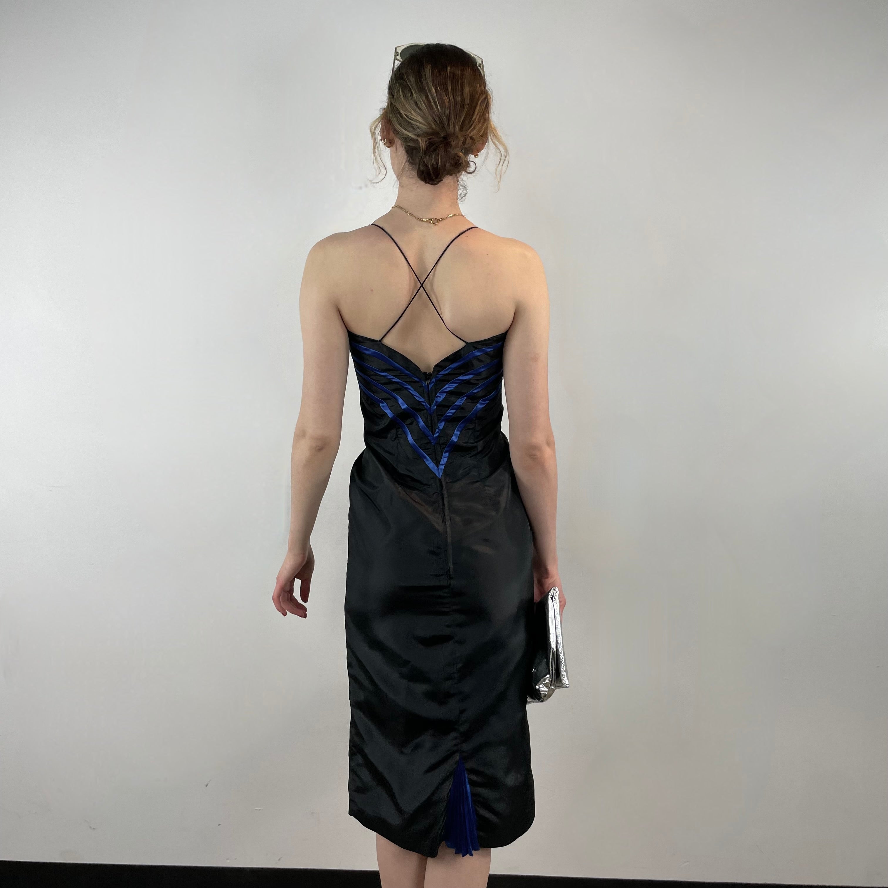 Boheme Vintage 1990s–2000s black satin bustier pencil dress with blue pleated detailing, spaghetti straps, and fitted silhouette.