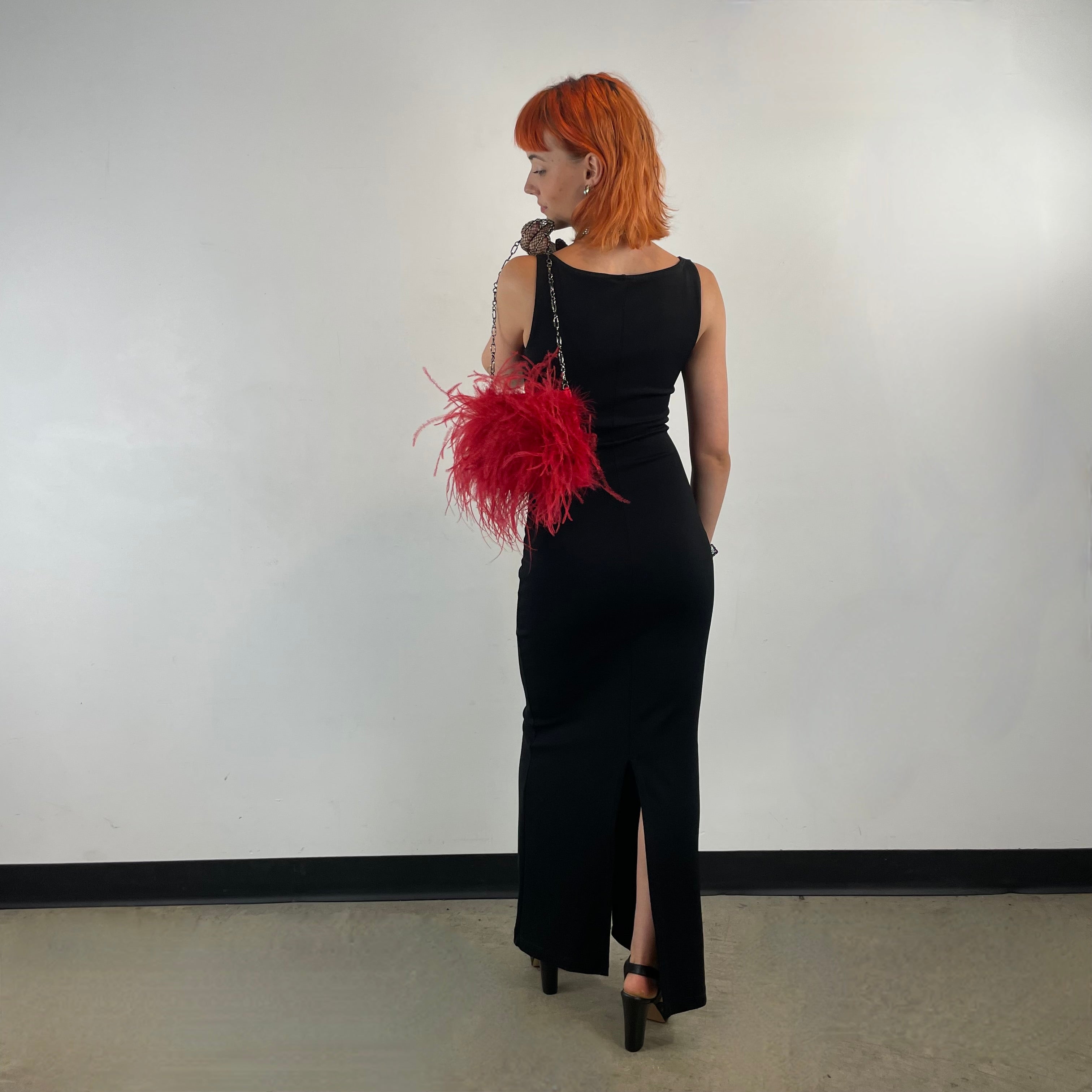 Robe longue noire décolletée en jersey des années 1990, tailles petite/moyenne