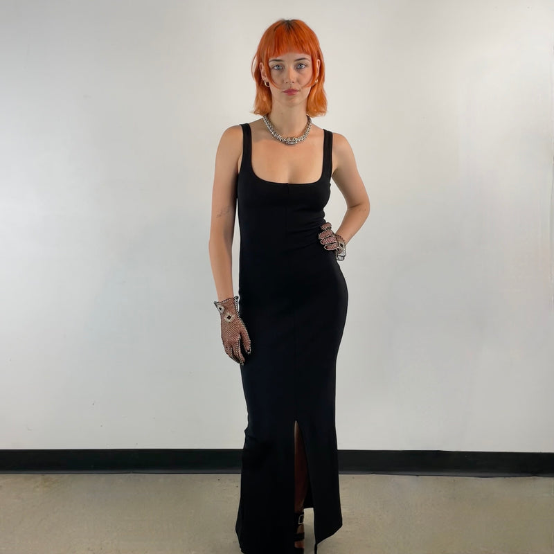 1990s Black Low Cut Maxi Jersey Dress Petite/Medium