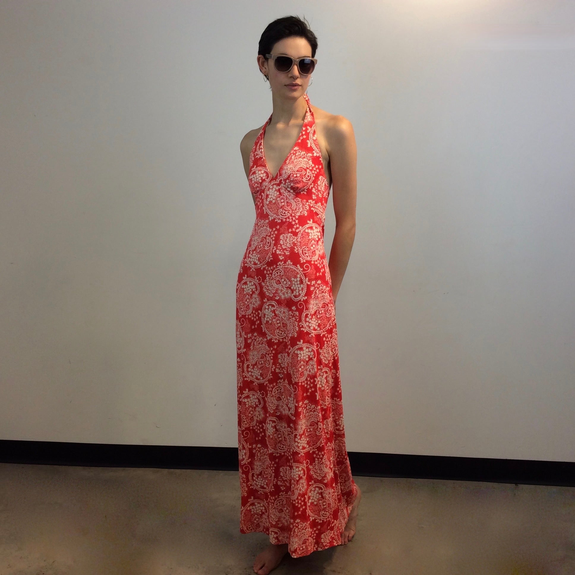 Front view of 1970s Tie Back Halter Top Maxi Dress 
Size Small
Sold at bohemevintage.com, Montréal