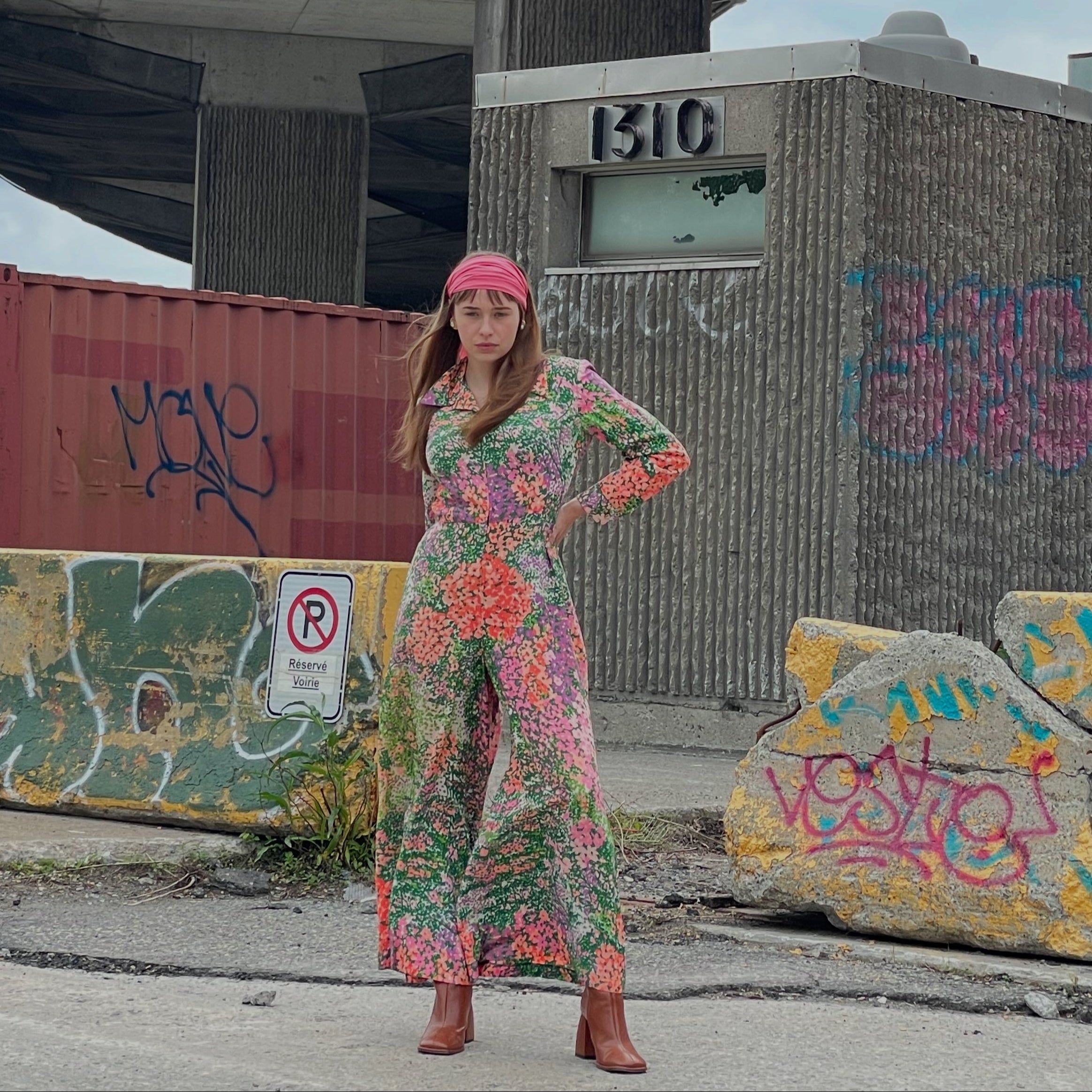 1970s Long Sleeve Floral Wide Leg Fitted Jumpsuit Small/Medium sod at bohemevintage.com Montreal Canada