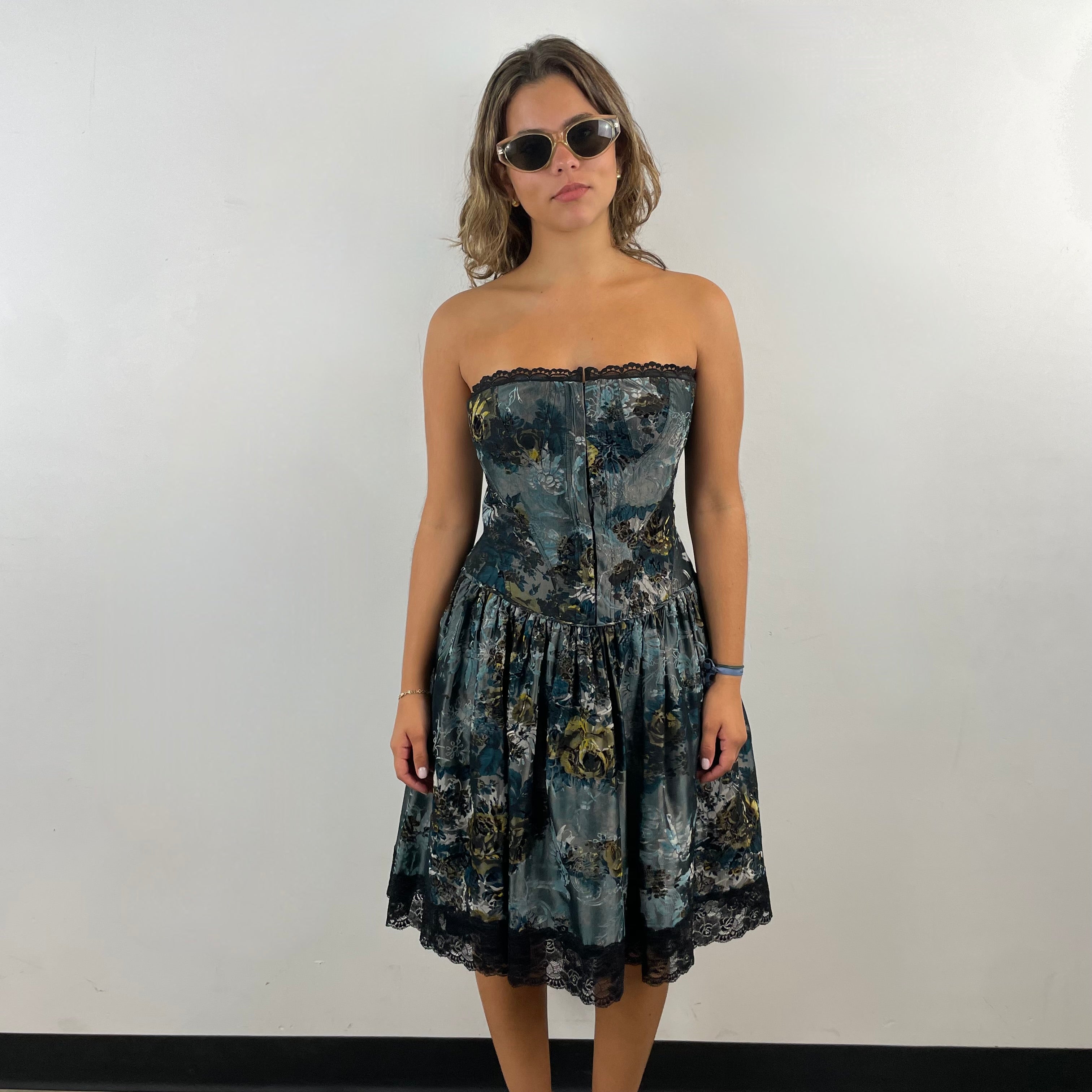 Boheme Vintage 1990s Betsey Johnson velvet brocade bustier dress with lace trim, boning, and tulle layer.