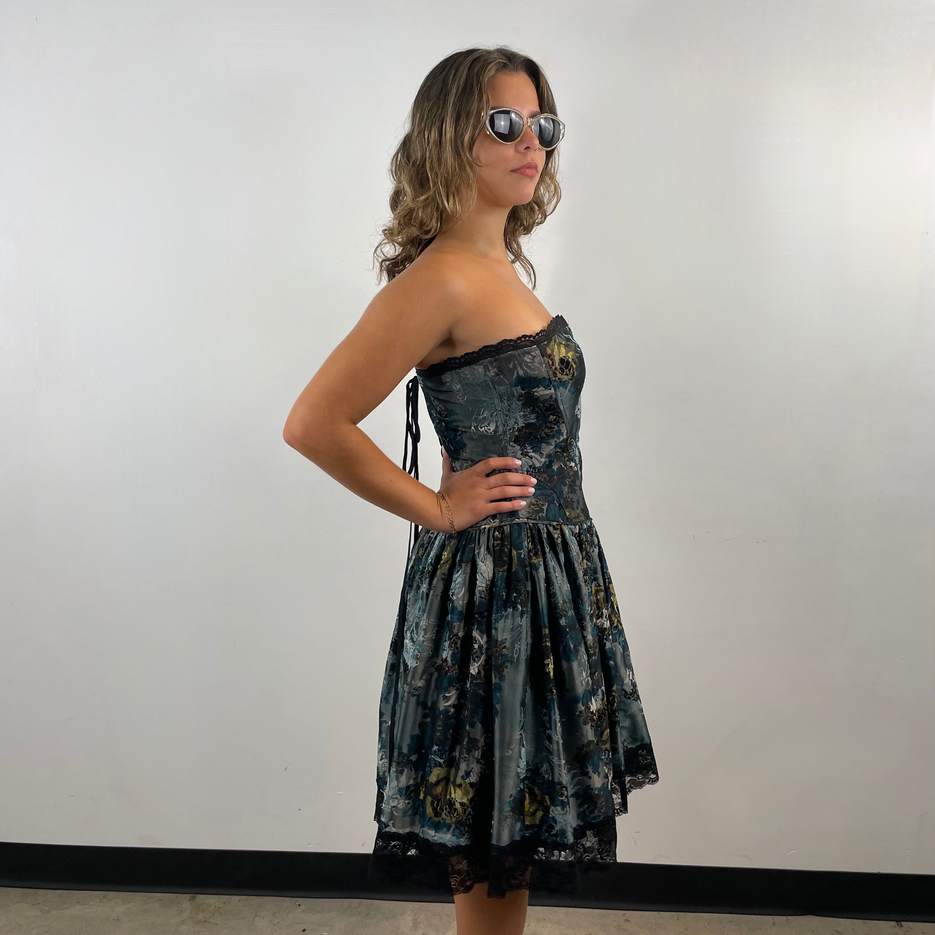 Boheme Vintage 1990s Betsey Johnson velvet brocade bustier dress with lace trim, boning, and tulle layer.