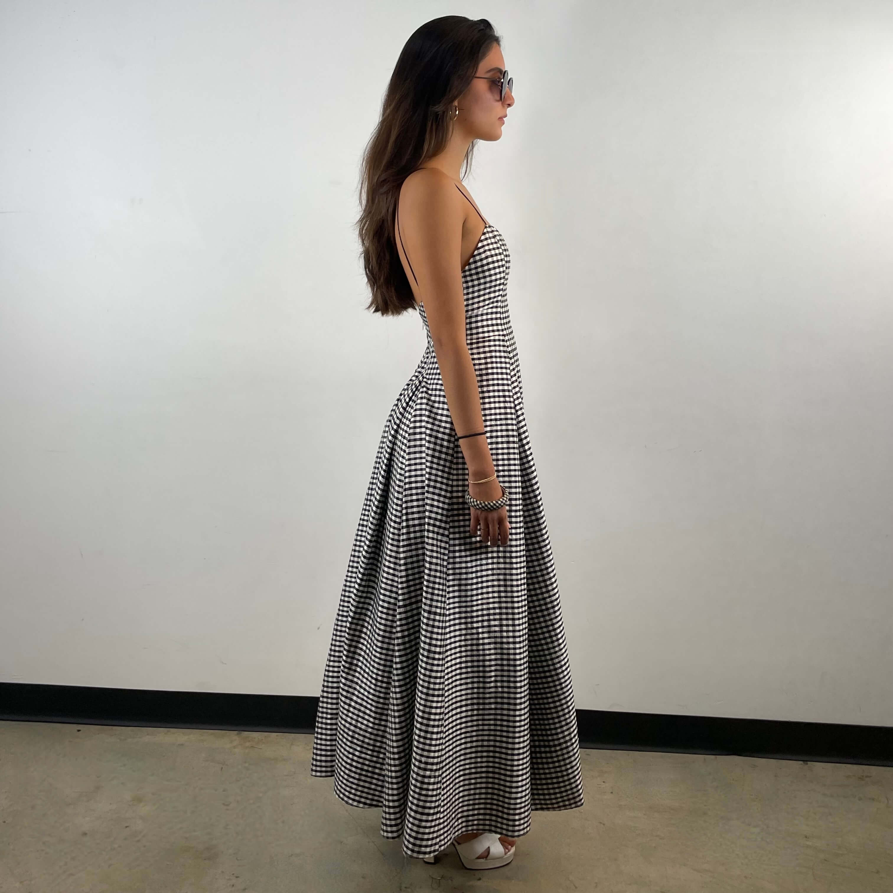 Vintage Black and White Checkered Open Back Sleeveless Silk Gown Extra Small/Small - Boheme Vintage Montreal