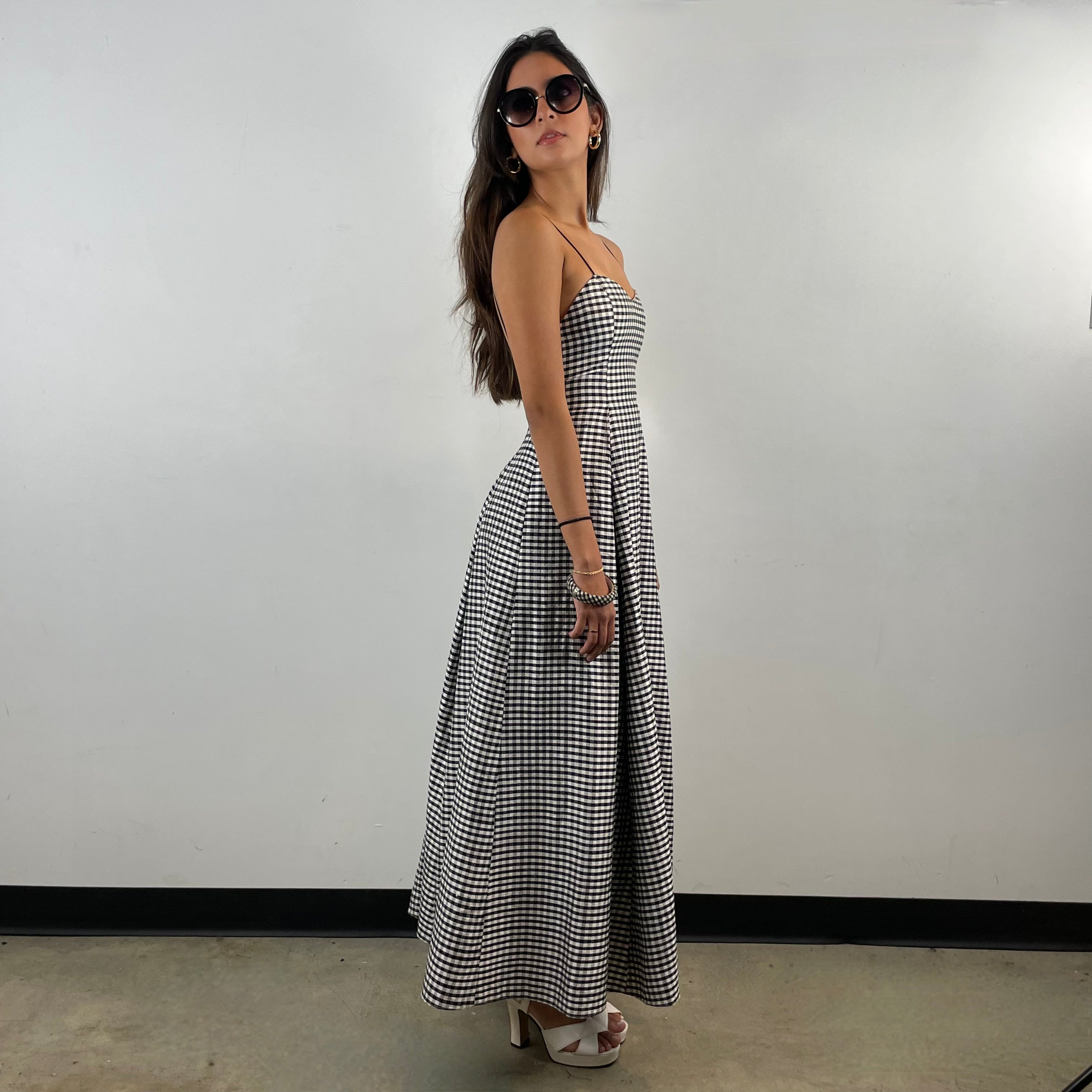 Vintage Black and White Checkered Open Back Sleeveless Silk Gown Extra Small/Small - Boheme Vintage Montreal