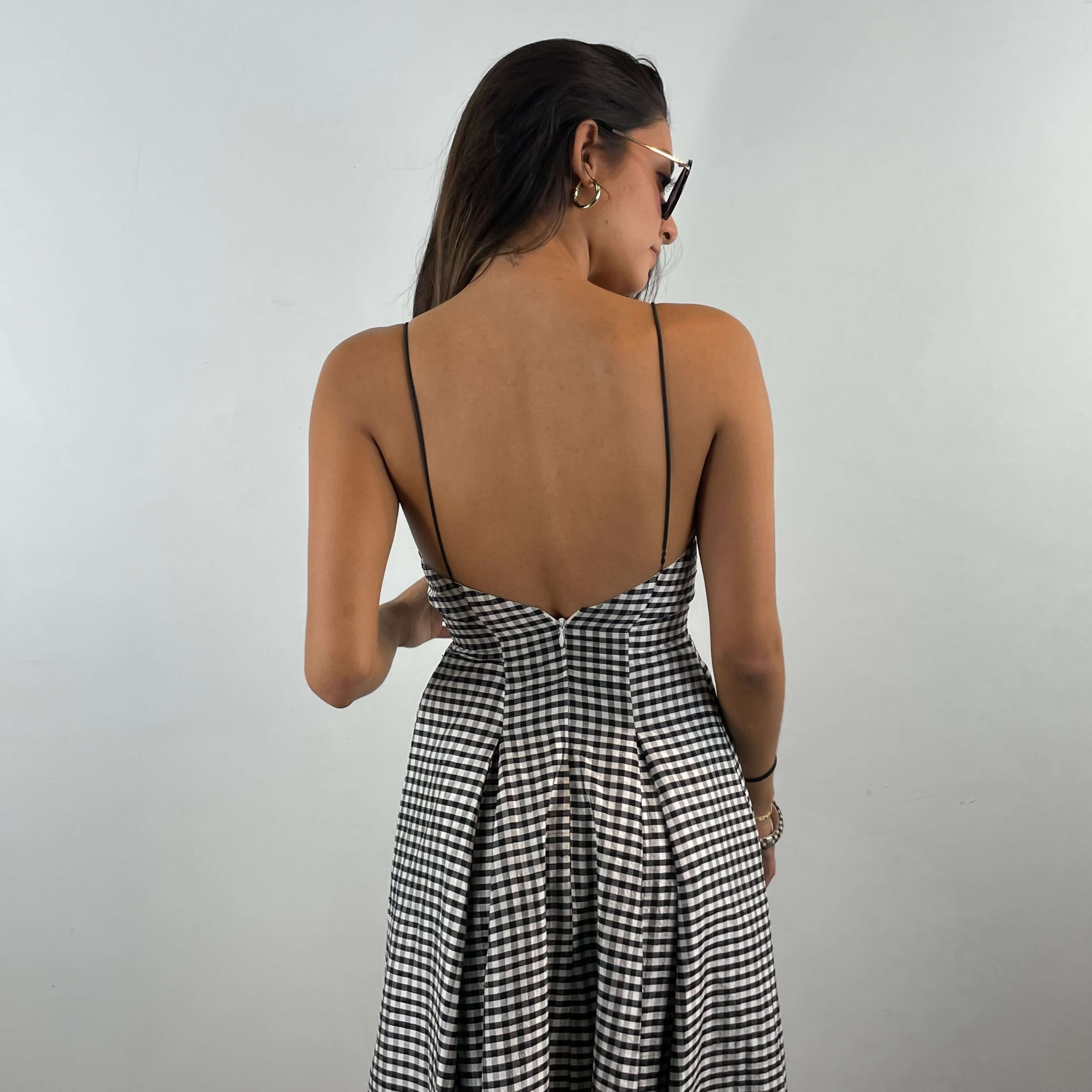 Vintage Black and White Checkered Open Back Sleeveless Silk Gown Extra Small/Small - Boheme Vintage Montreal