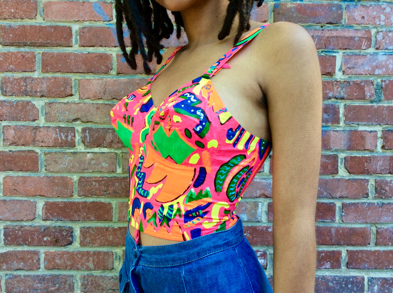 Close up side view of 1960s Upcycled Hand Painted Bustier Top 
size Small, sold at bohemevintage.com
Montréal