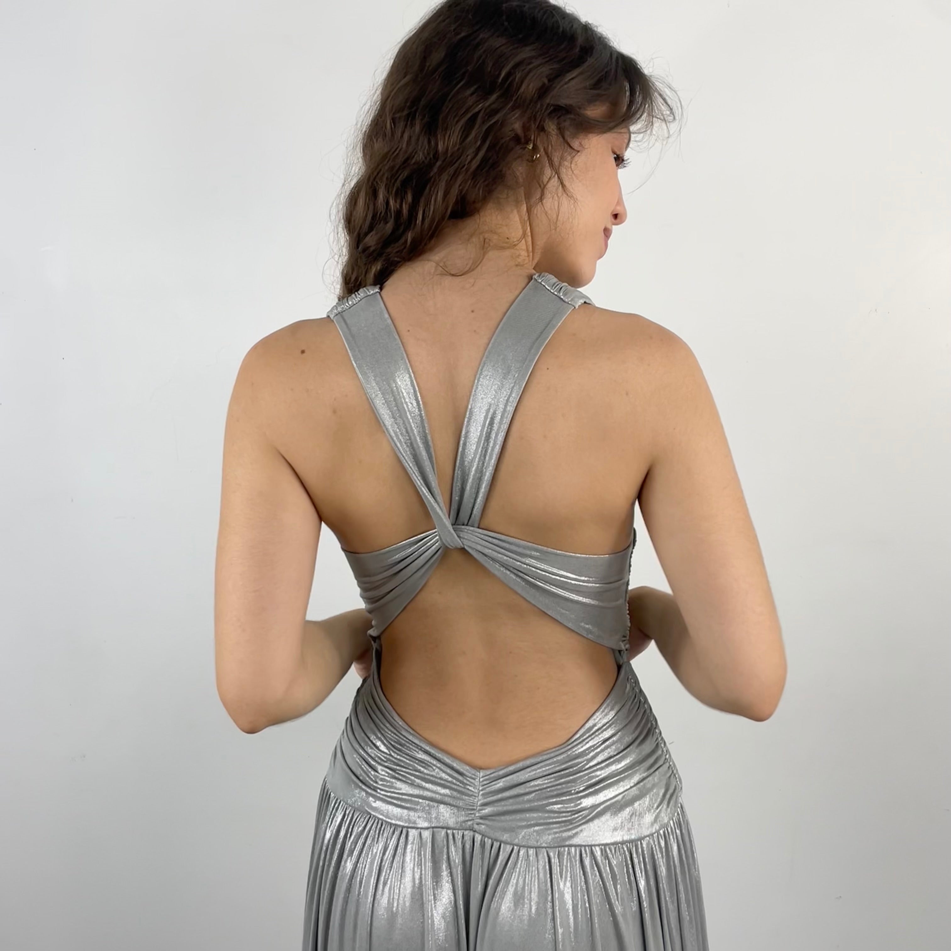 Calvin Klein Designer Open Back Maxi Drape Silver Gown Small 